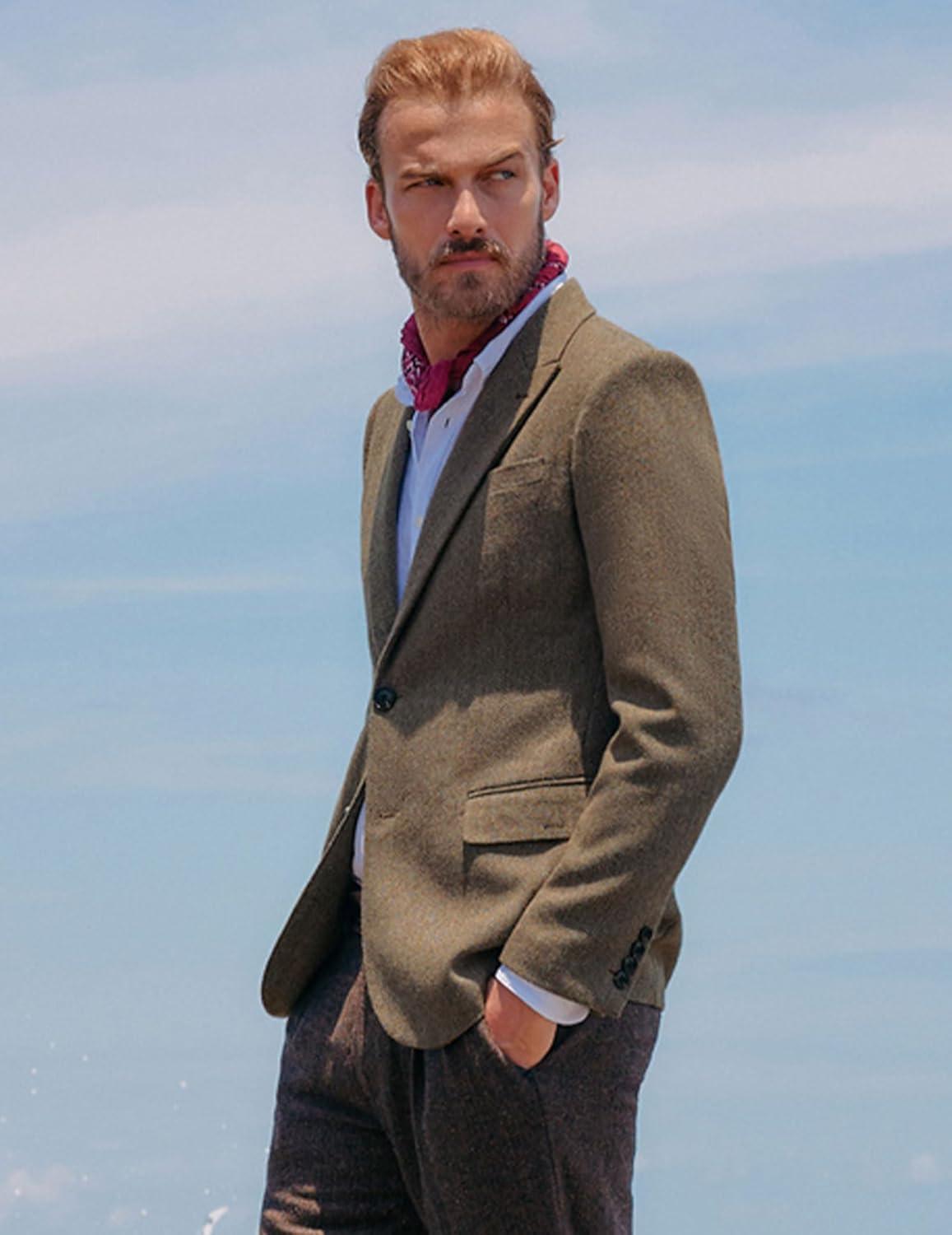 imagePJ PAUL JONES Men Tweed Blazer Wool Herringbone Sport Coat Jacket Vintage Blazers Suit JacketsCoffee a Herringbone