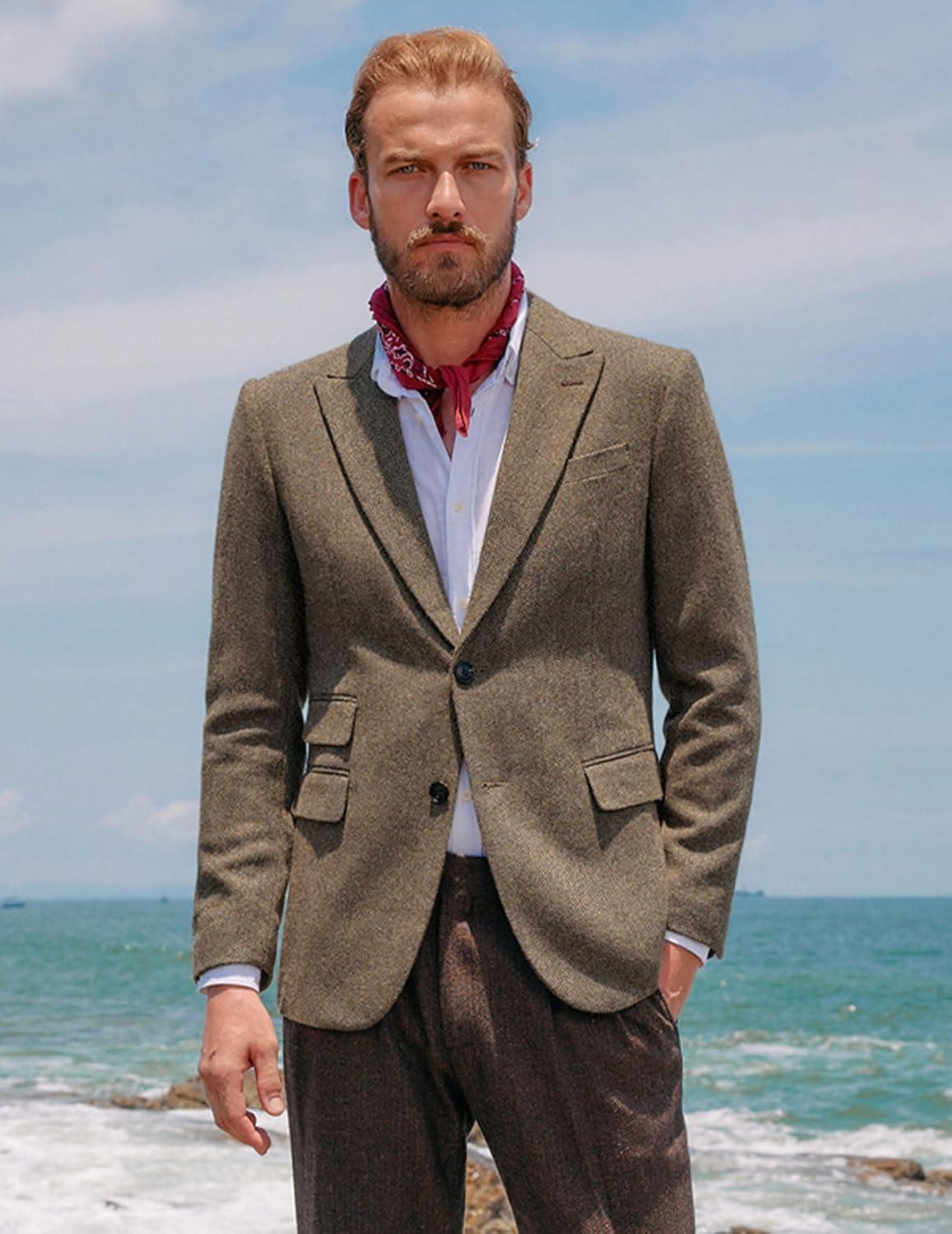 imagePJ PAUL JONES Men Tweed Blazer Wool Herringbone Sport Coat Jacket Vintage Blazers Suit JacketsCoffee a Herringbone