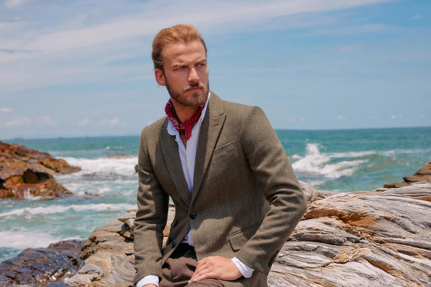 imagePJ PAUL JONES Men Tweed Blazer Wool Herringbone Sport Coat Jacket Vintage Blazers Suit JacketsCoffee a Herringbone