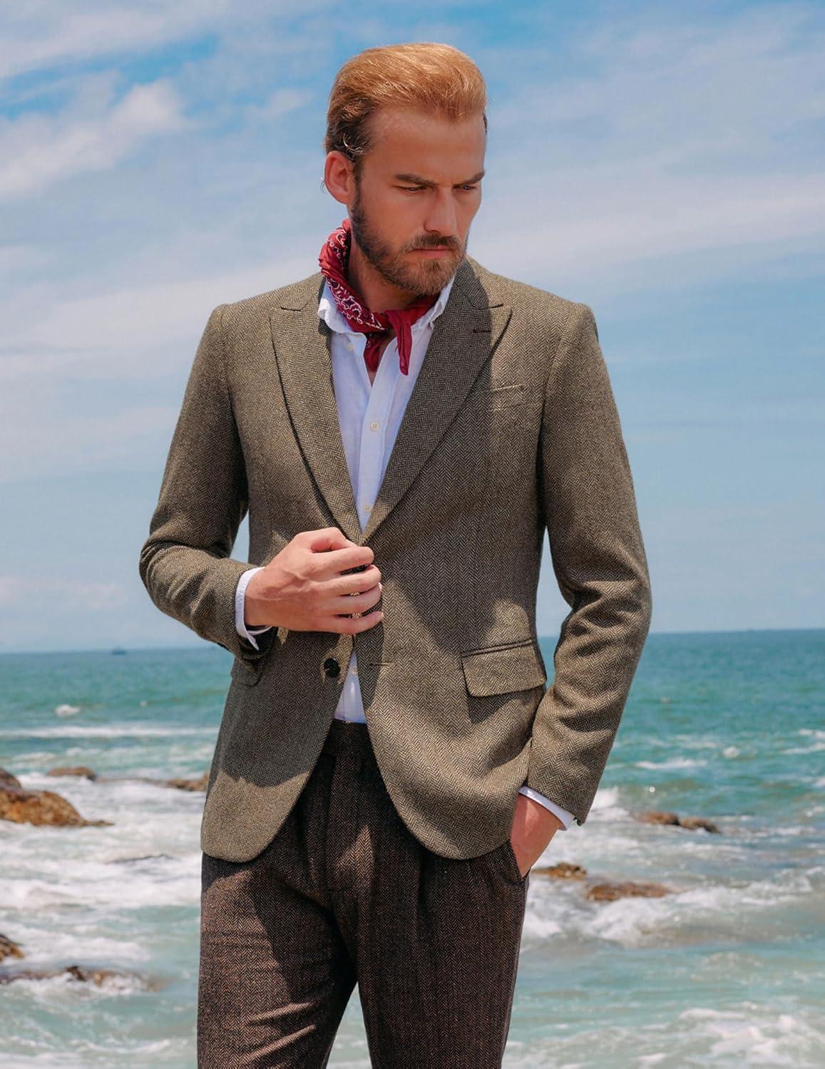 imagePJ PAUL JONES Men Tweed Blazer Wool Herringbone Sport Coat Jacket Vintage Blazers Suit JacketsCoffee a Herringbone