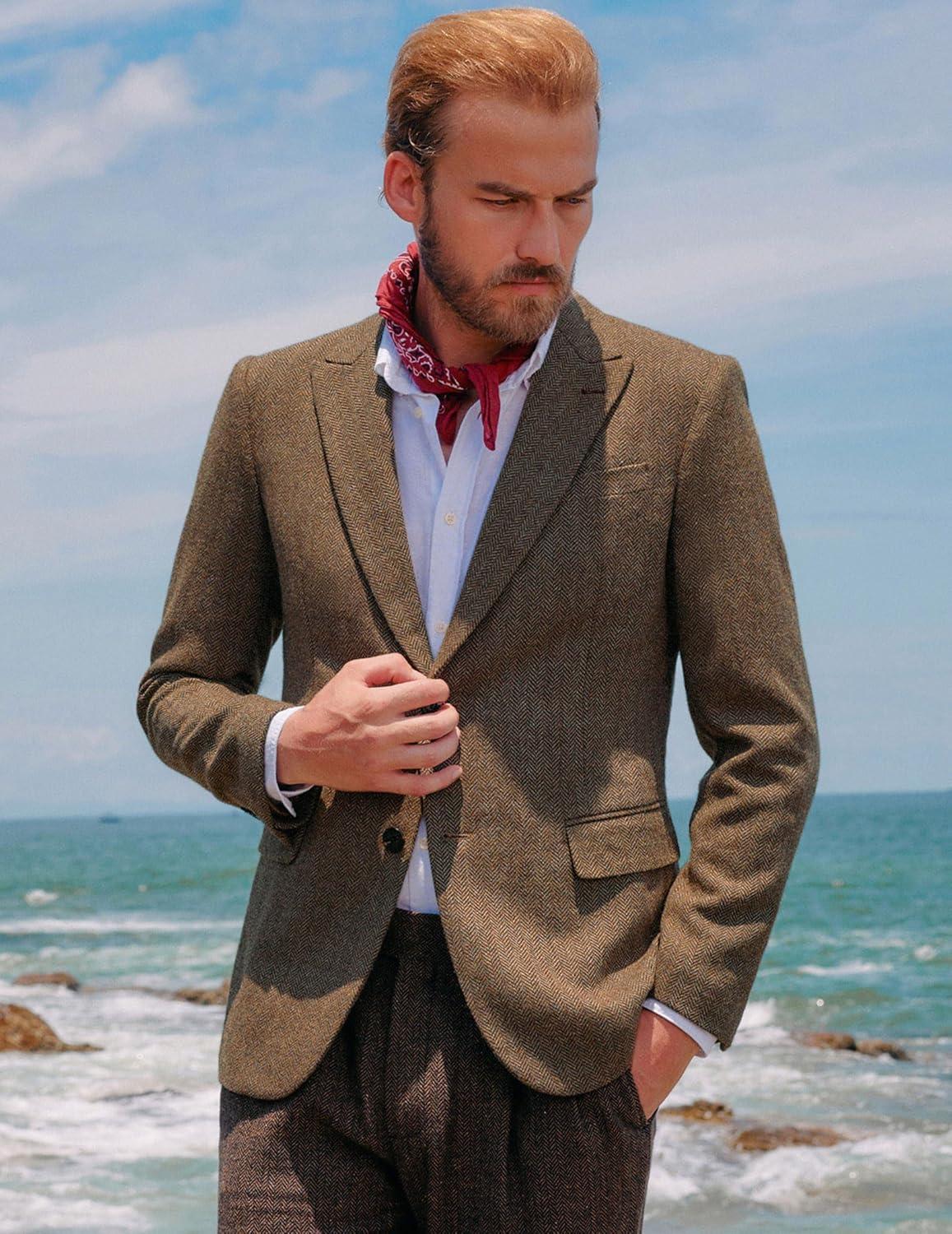 imagePJ PAUL JONES Men Tweed Blazer Wool Herringbone Sport Coat Jacket Vintage Blazers Suit JacketsRed Coffee Herringbone