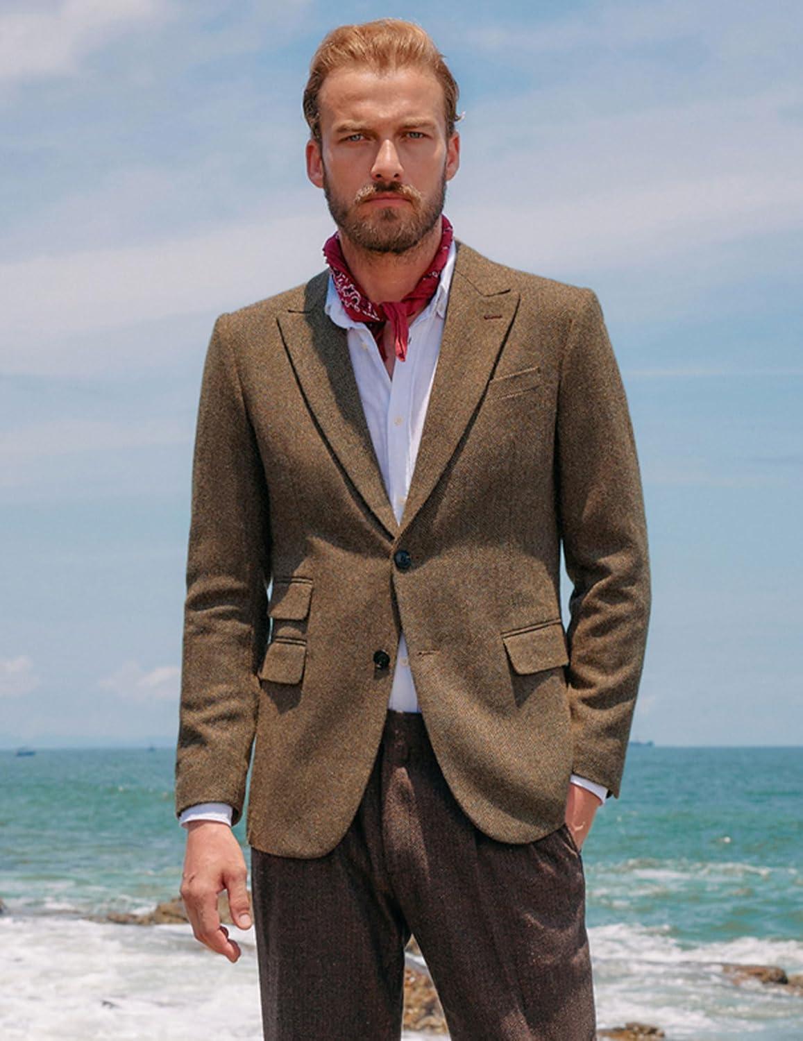 imagePJ PAUL JONES Men Tweed Blazer Wool Herringbone Sport Coat Jacket Vintage Blazers Suit JacketsRed Coffee Herringbone