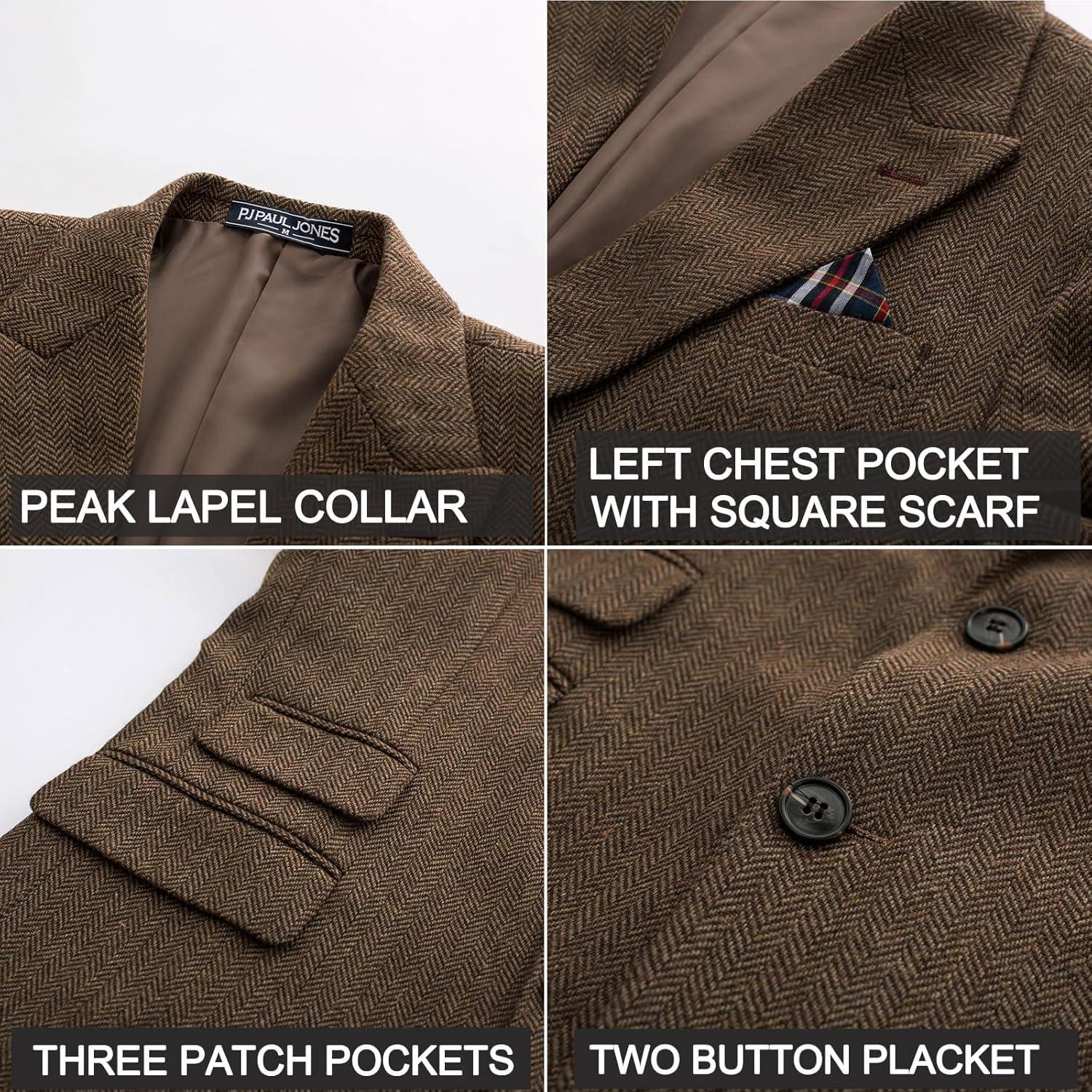 imagePJ PAUL JONES Men Tweed Blazer Wool Herringbone Sport Coat Jacket Vintage Blazers Suit JacketsRed Coffee Herringbone