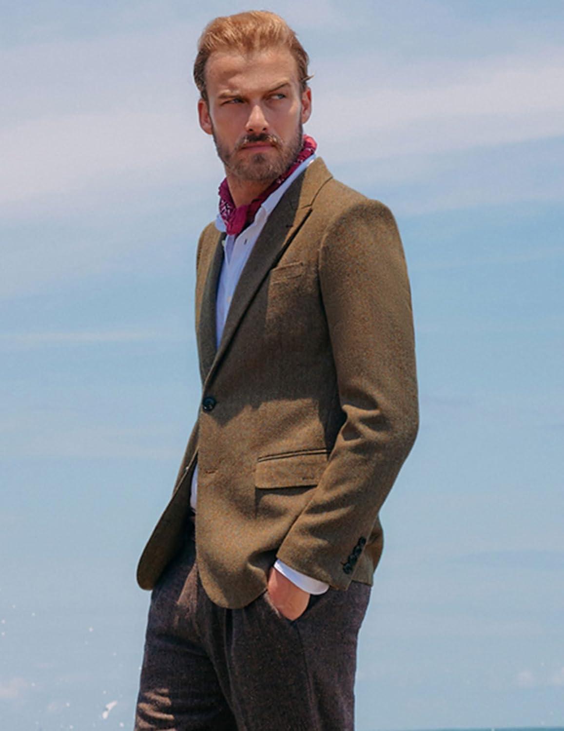 imagePJ PAUL JONES Men Tweed Blazer Wool Herringbone Sport Coat Jacket Vintage Blazers Suit JacketsRed Coffee Herringbone