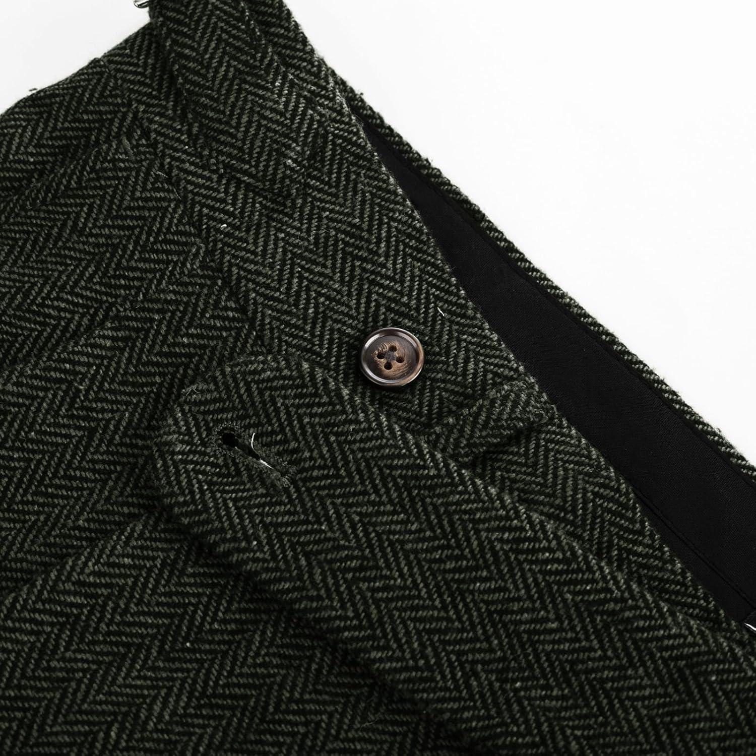 imagePJ PAUL JONES Men Vintage Tweed Pants Herringbone Pleated Suit TrousersArmy Green