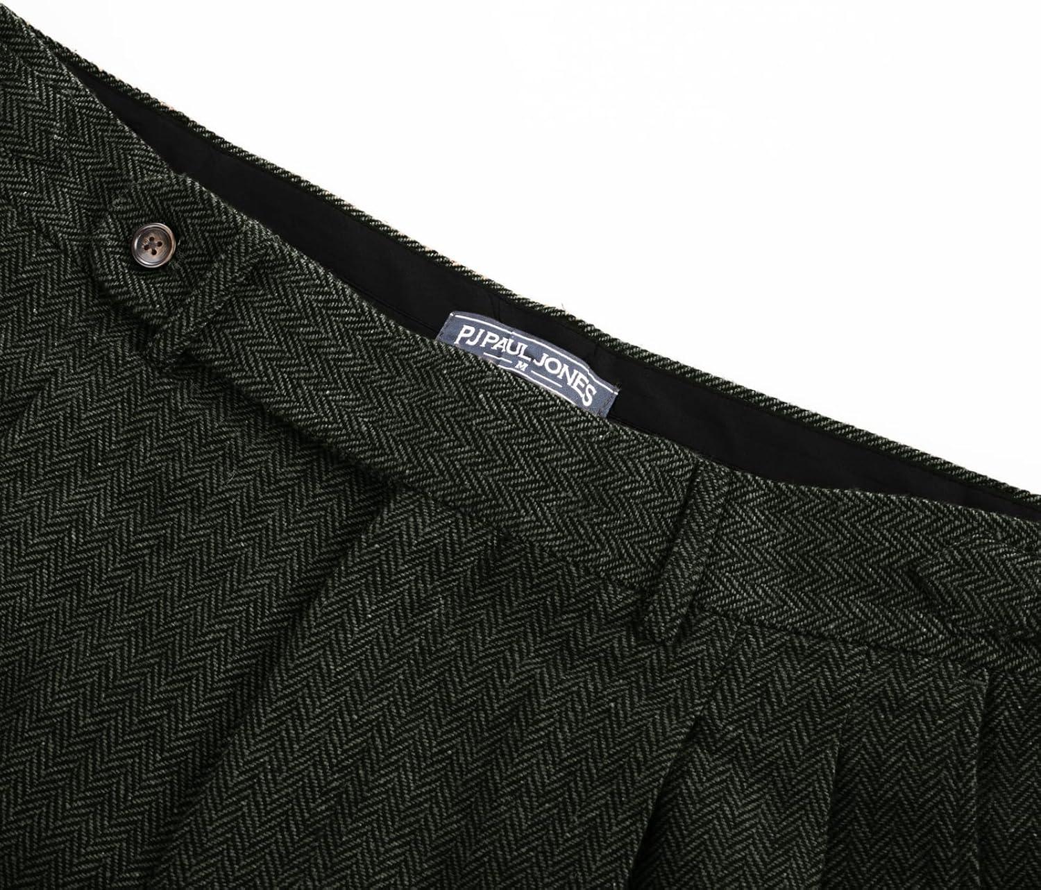 imagePJ PAUL JONES Men Vintage Tweed Pants Herringbone Pleated Suit TrousersArmy Green