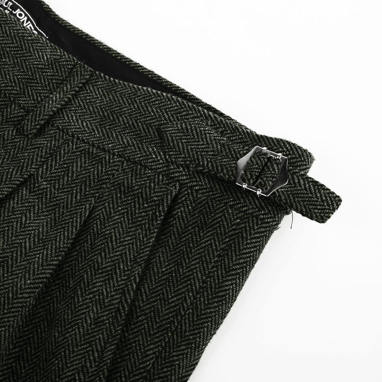 imagePJ PAUL JONES Men Vintage Tweed Pants Herringbone Pleated Suit TrousersArmy Green