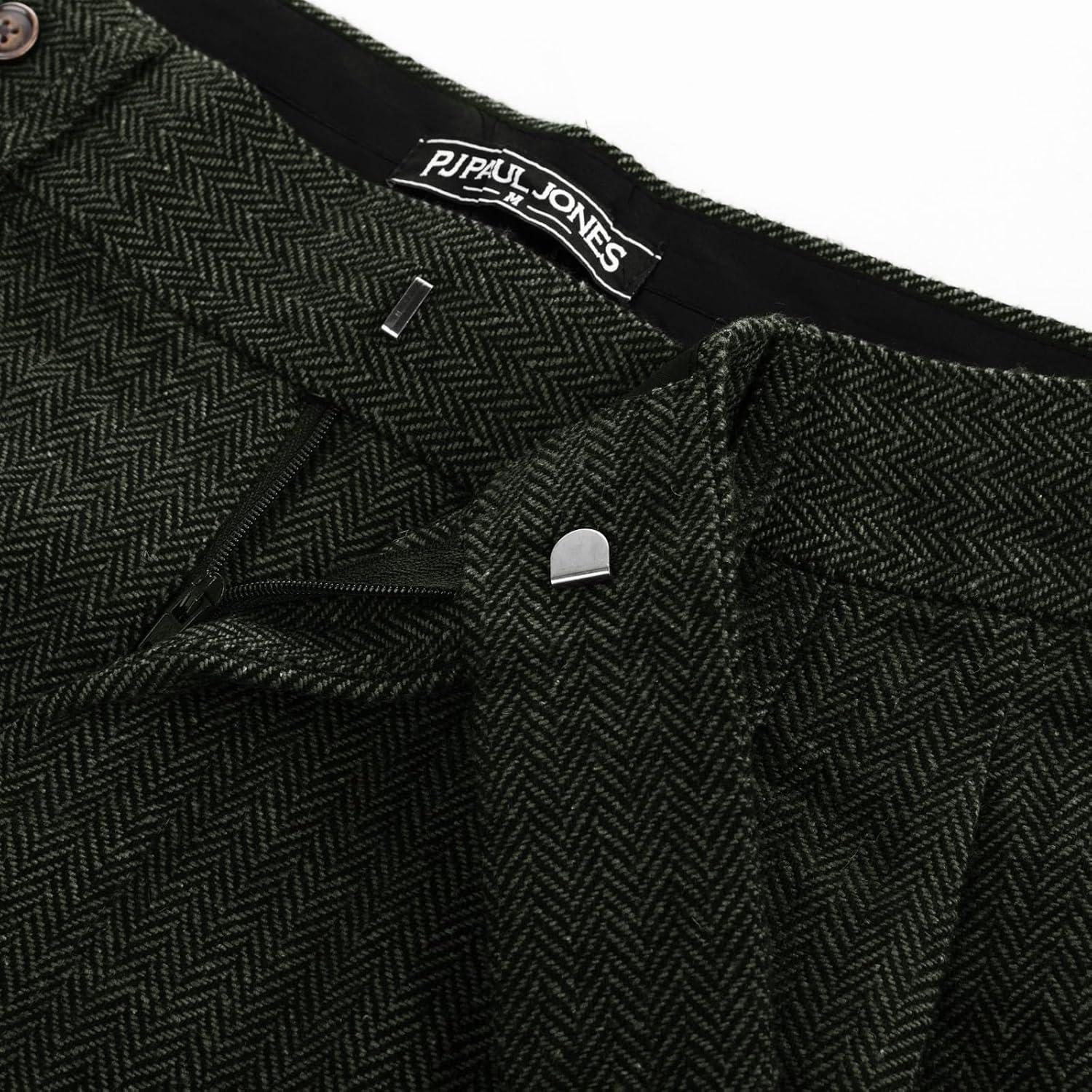 imagePJ PAUL JONES Men Vintage Tweed Pants Herringbone Pleated Suit TrousersArmy Green