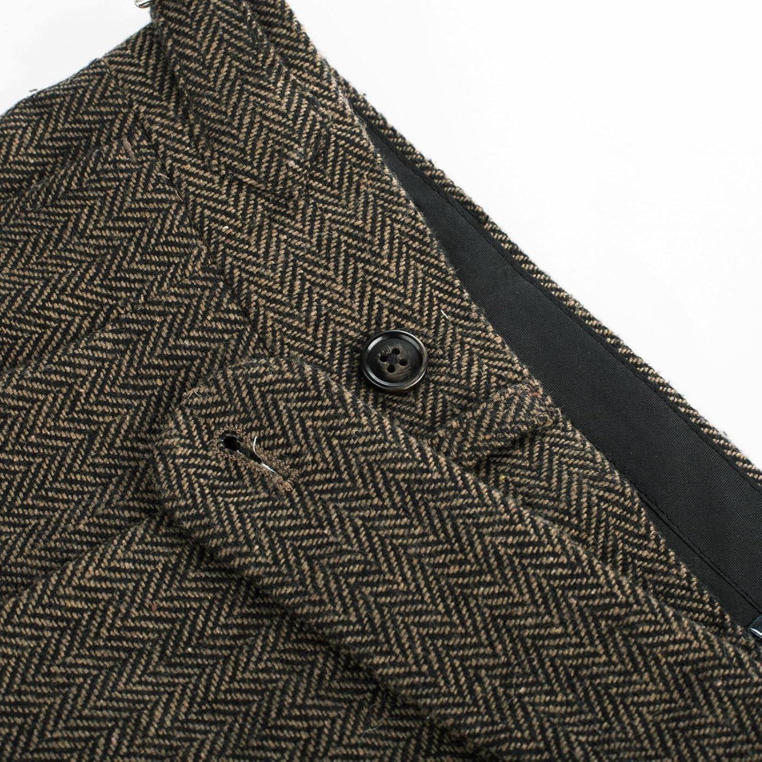 imagePJ PAUL JONES Men Vintage Tweed Pants Herringbone Pleated Suit TrousersBlack Khaki