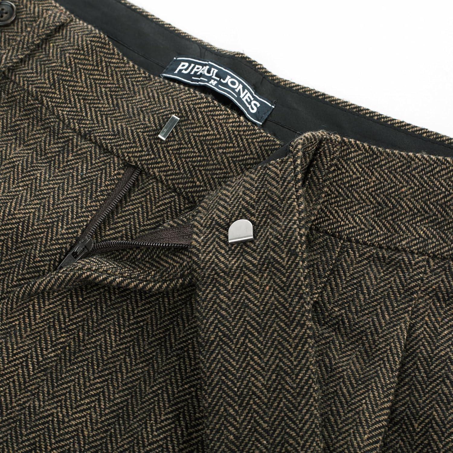 imagePJ PAUL JONES Men Vintage Tweed Pants Herringbone Pleated Suit TrousersBlack Khaki