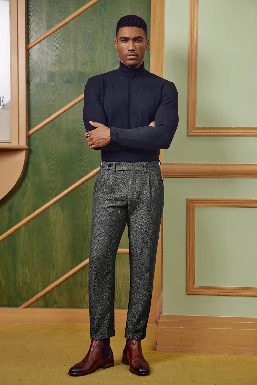 imagePJ PAUL JONES Men Vintage Tweed Pants Herringbone Pleated Suit TrousersBlack White