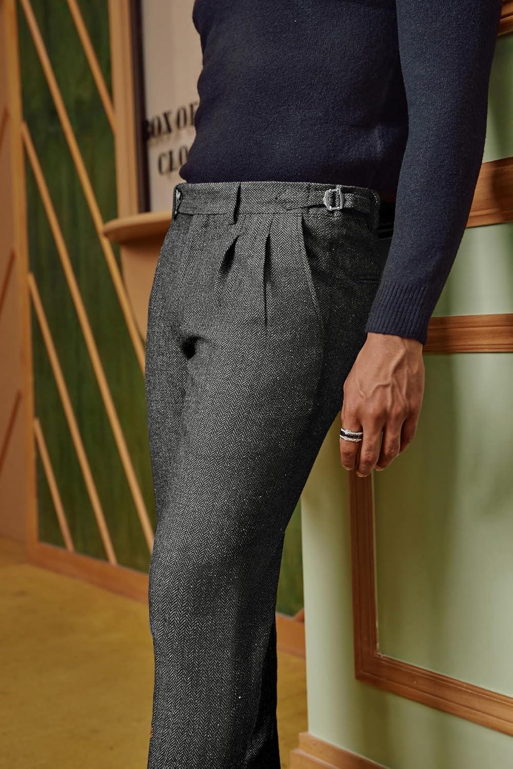 imagePJ PAUL JONES Men Vintage Tweed Pants Herringbone Pleated Suit TrousersBlack White