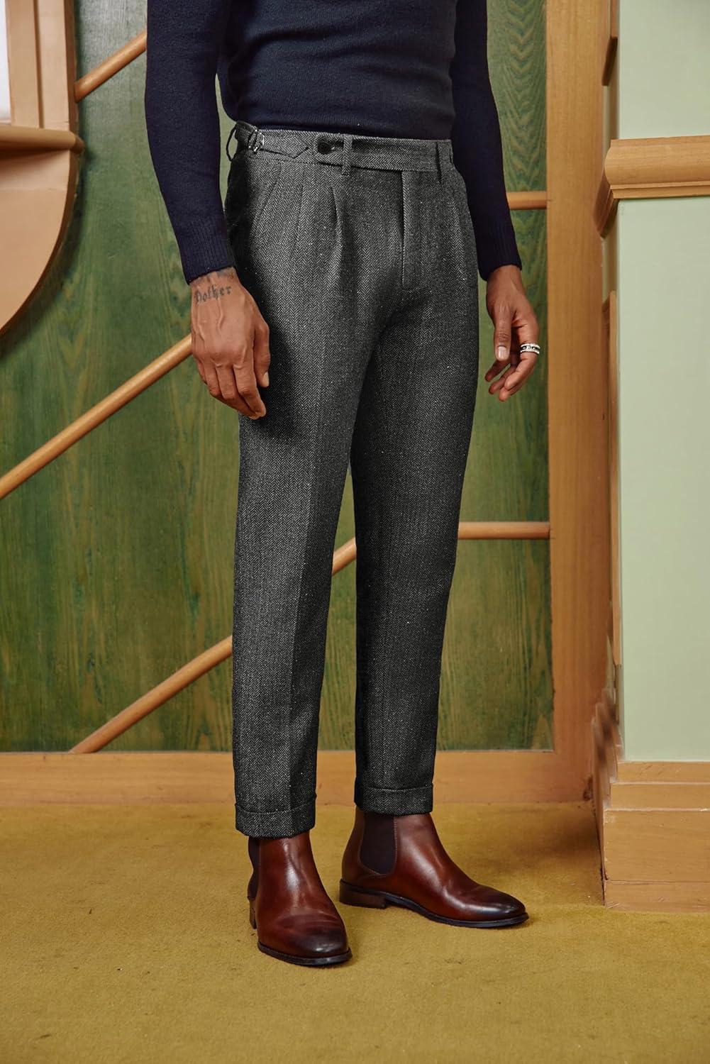 imagePJ PAUL JONES Men Vintage Tweed Pants Herringbone Pleated Suit TrousersBlack White