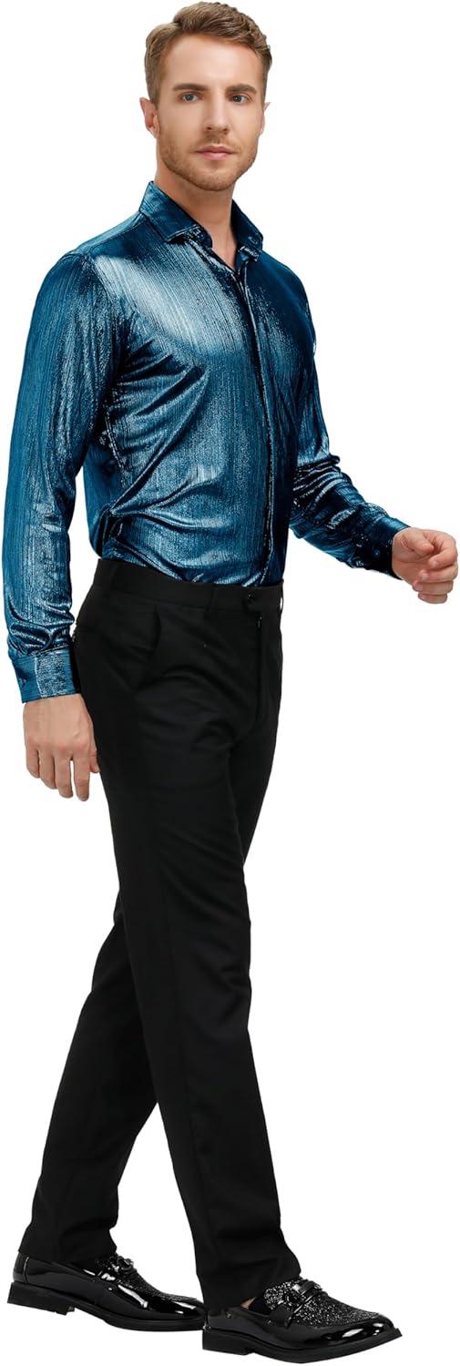 imagePJ PAUL JONES Mens 70s Disco Shirts Luxury Metallic Sequins Button Down Long Sleeve Party Shirt Nightclub Costume TopsDark Blue