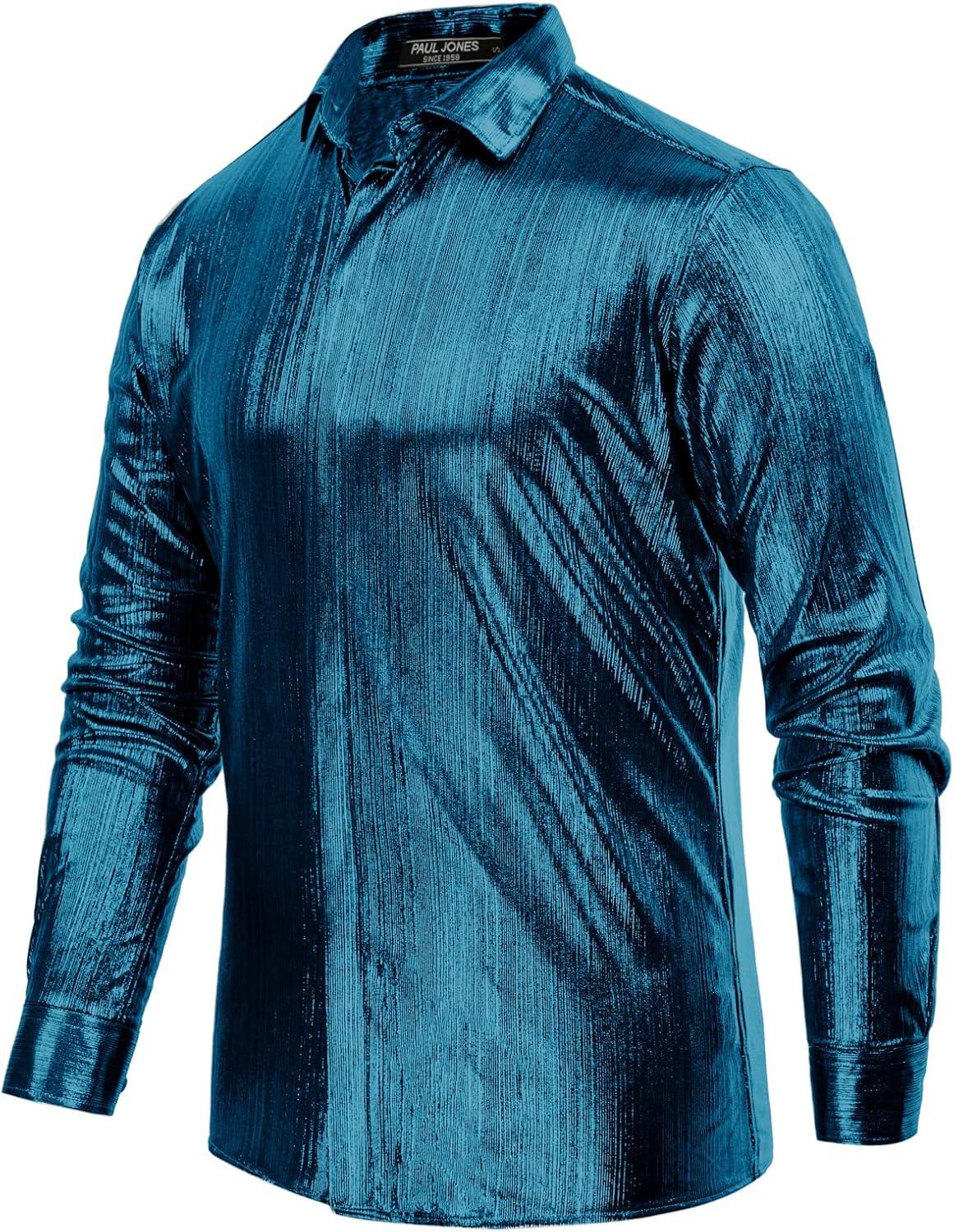 imagePJ PAUL JONES Mens 70s Disco Shirts Luxury Metallic Sequins Button Down Long Sleeve Party Shirt Nightclub Costume TopsDark Blue