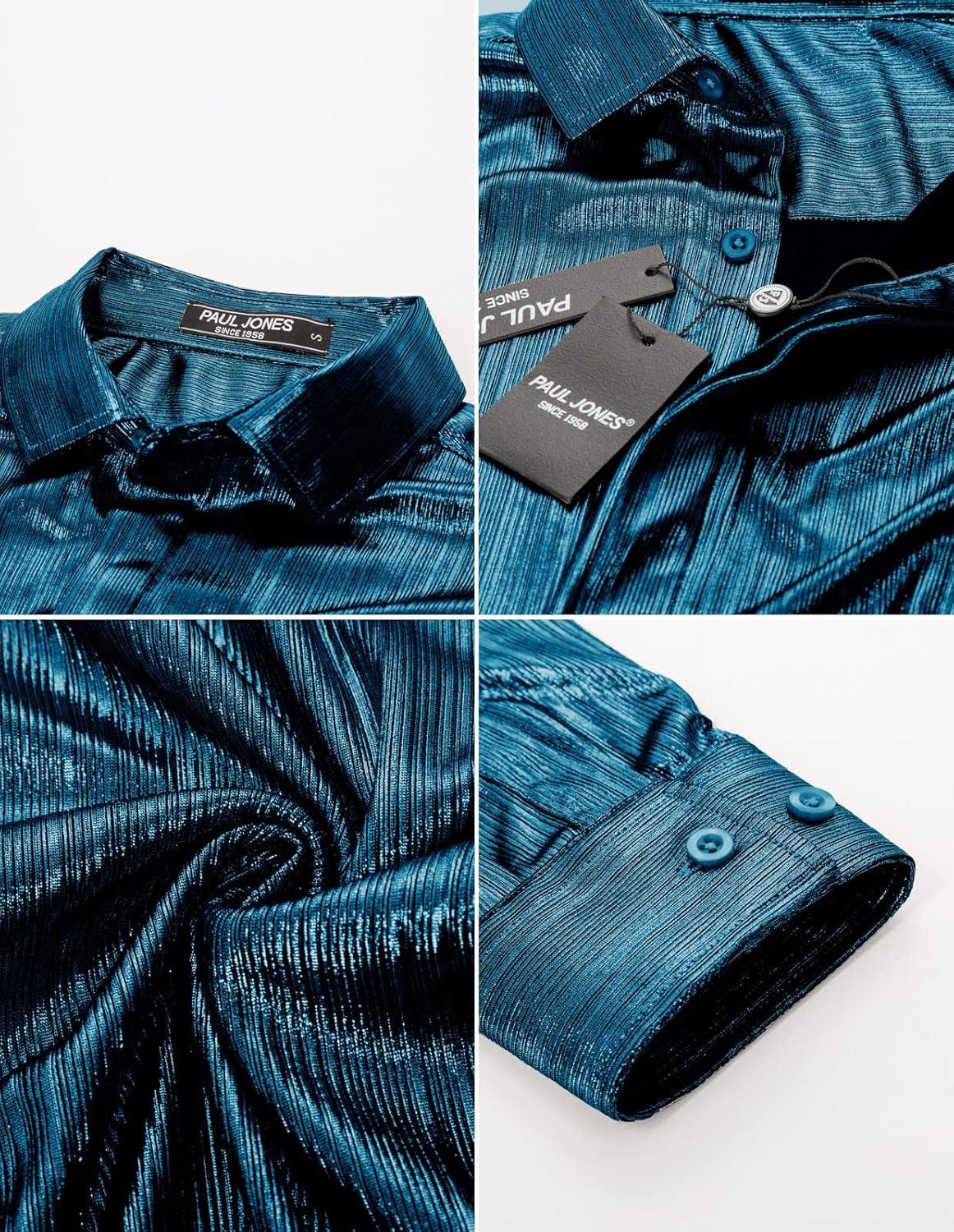 imagePJ PAUL JONES Mens 70s Disco Shirts Luxury Metallic Sequins Button Down Long Sleeve Party Shirt Nightclub Costume TopsDark Blue