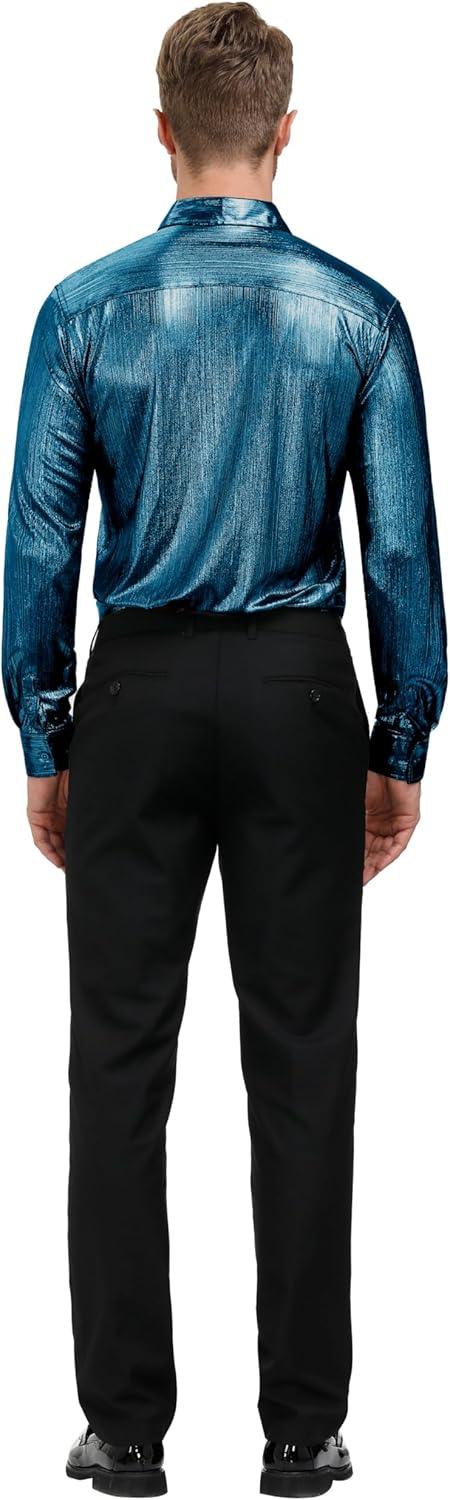 imagePJ PAUL JONES Mens 70s Disco Shirts Luxury Metallic Sequins Button Down Long Sleeve Party Shirt Nightclub Costume TopsDark Blue