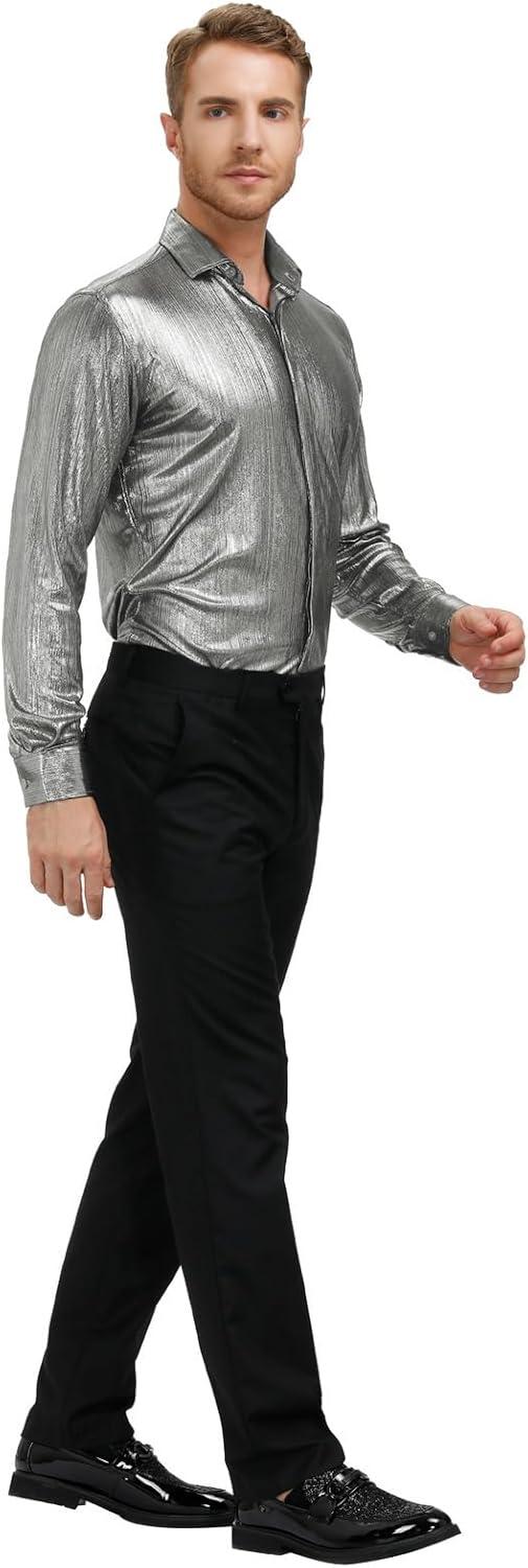 imagePJ PAUL JONES Mens 70s Disco Shirts Luxury Metallic Sequins Button Down Long Sleeve Party Shirt Nightclub Costume TopsSilver