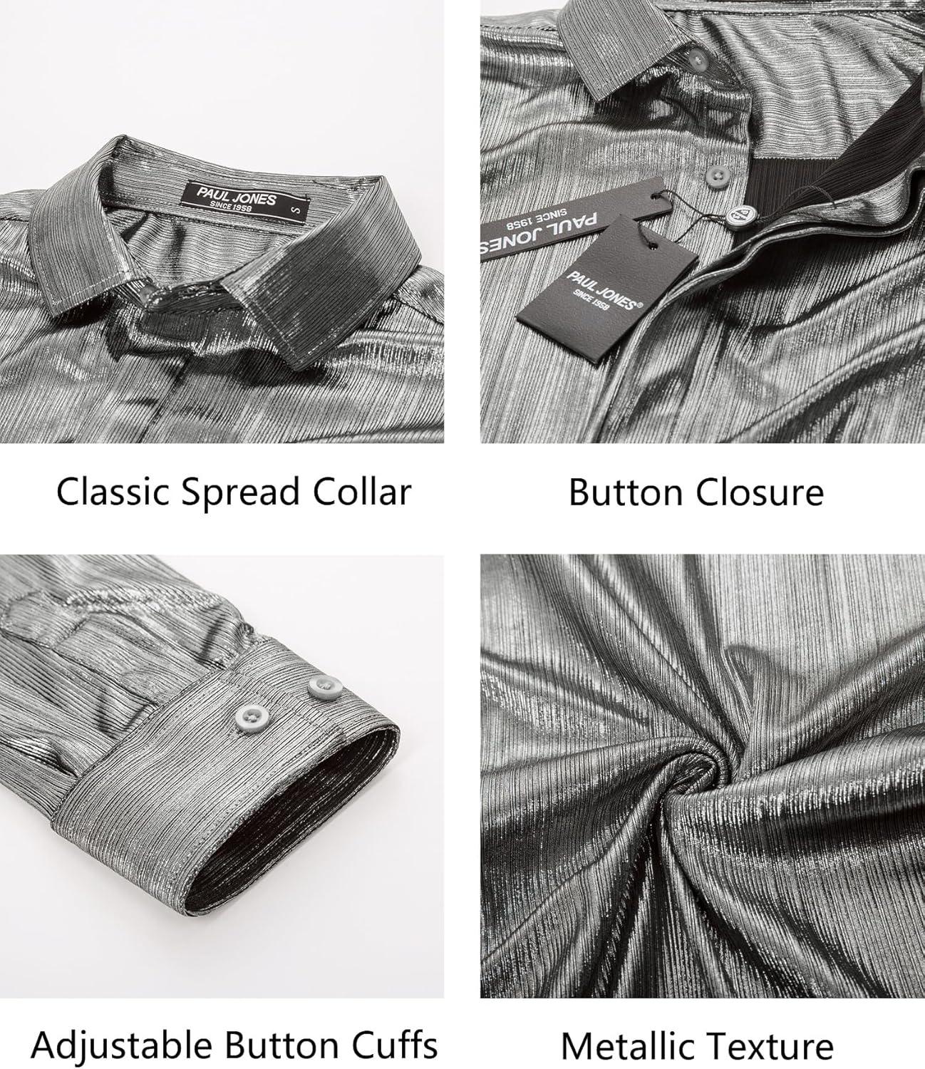 imagePJ PAUL JONES Mens 70s Disco Shirts Luxury Metallic Sequins Button Down Long Sleeve Party Shirt Nightclub Costume TopsSilver