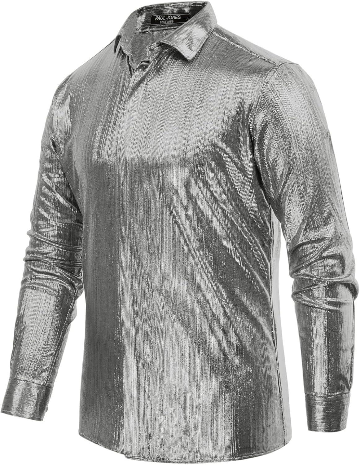 imagePJ PAUL JONES Mens 70s Disco Shirts Luxury Metallic Sequins Button Down Long Sleeve Party Shirt Nightclub Costume TopsSilver