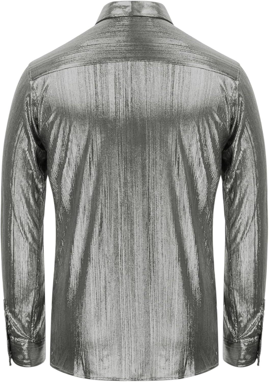 imagePJ PAUL JONES Mens 70s Disco Shirts Luxury Metallic Sequins Button Down Long Sleeve Party Shirt Nightclub Costume TopsSilver