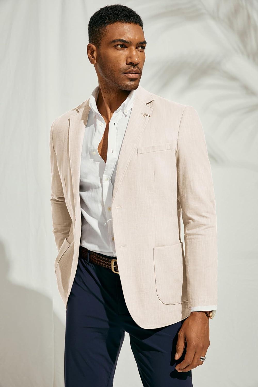 imagePJ PAUL JONES Mens Blazer Casual CottonLinen Sport Coat Lightweight 2 Button Unlined Suit JacketsApricot