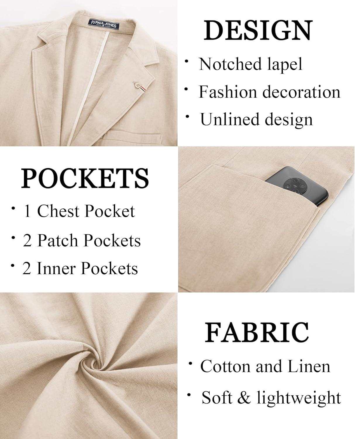 imagePJ PAUL JONES Mens Blazer Casual CottonLinen Sport Coat Lightweight 2 Button Unlined Suit JacketsApricot