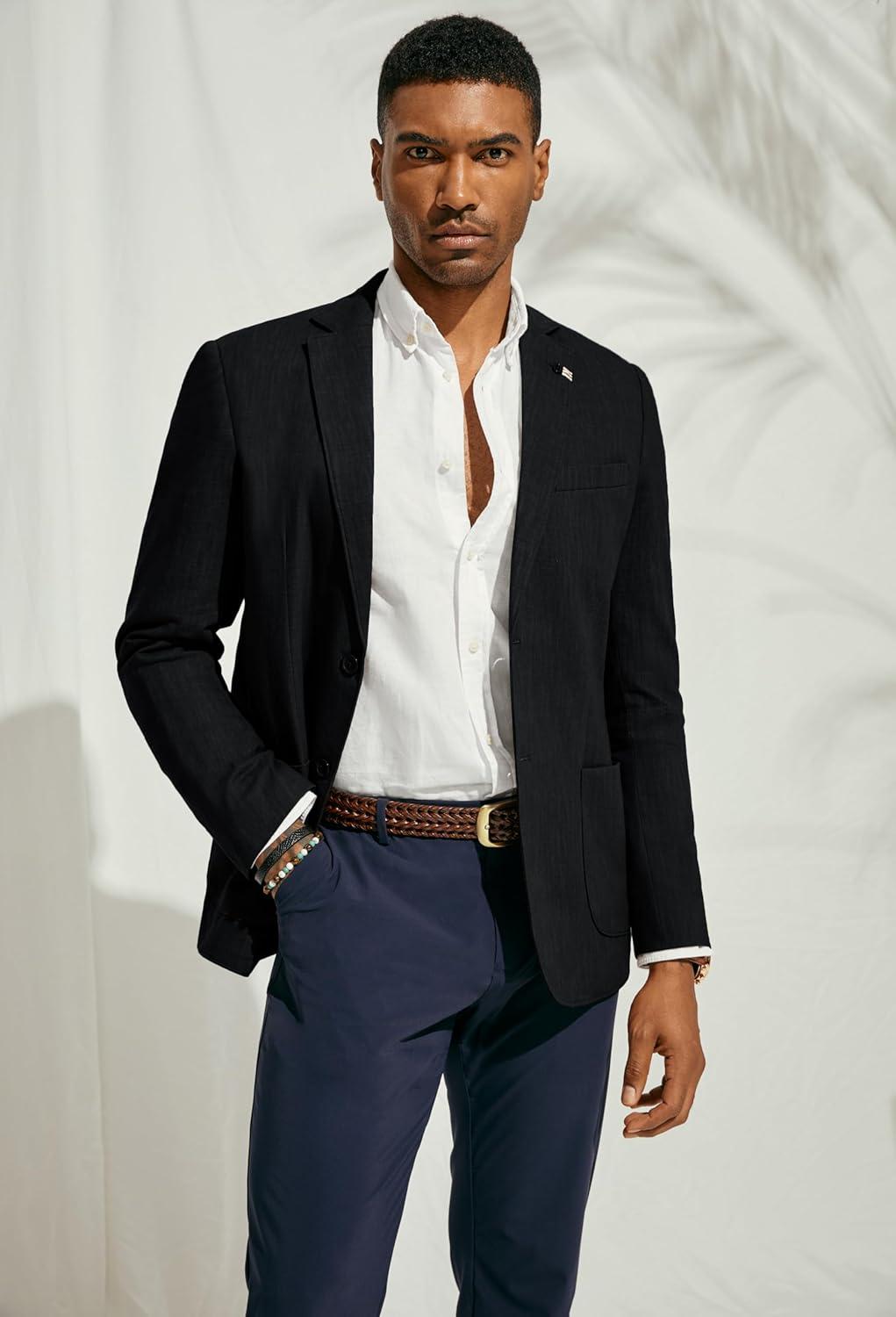 imagePJ PAUL JONES Mens Blazer Casual CottonLinen Sport Coat Lightweight 2 Button Unlined Suit JacketsBlack