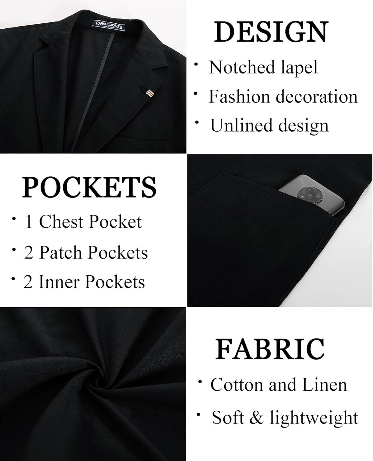 imagePJ PAUL JONES Mens Blazer Casual CottonLinen Sport Coat Lightweight 2 Button Unlined Suit JacketsBlack