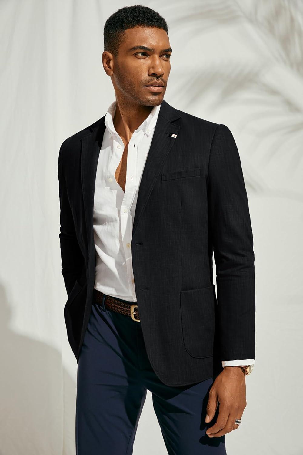 imagePJ PAUL JONES Mens Blazer Casual CottonLinen Sport Coat Lightweight 2 Button Unlined Suit JacketsBlack