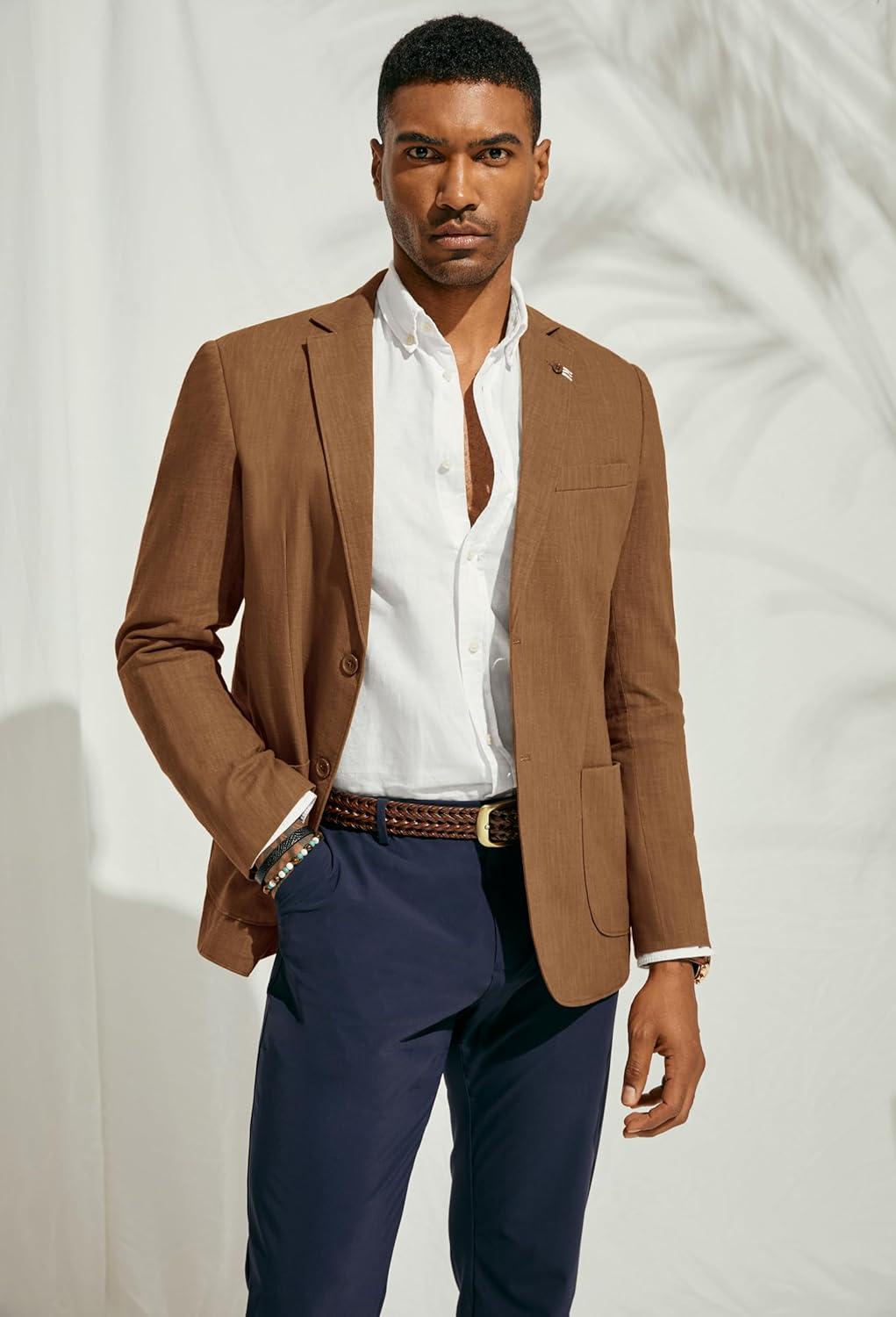 imagePJ PAUL JONES Mens Blazer Casual CottonLinen Sport Coat Lightweight 2 Button Unlined Suit JacketsBrown