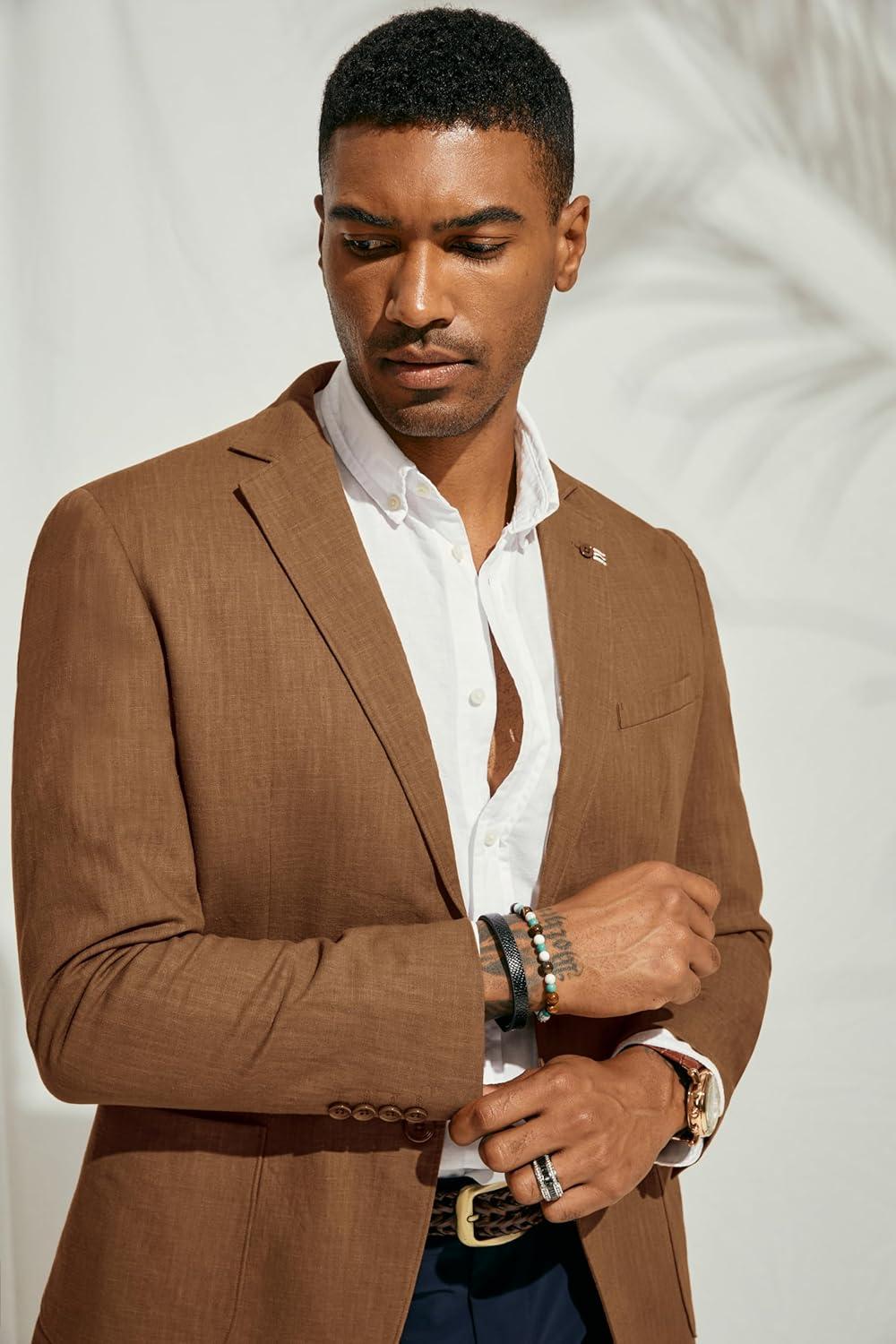 imagePJ PAUL JONES Mens Blazer Casual CottonLinen Sport Coat Lightweight 2 Button Unlined Suit JacketsBrown