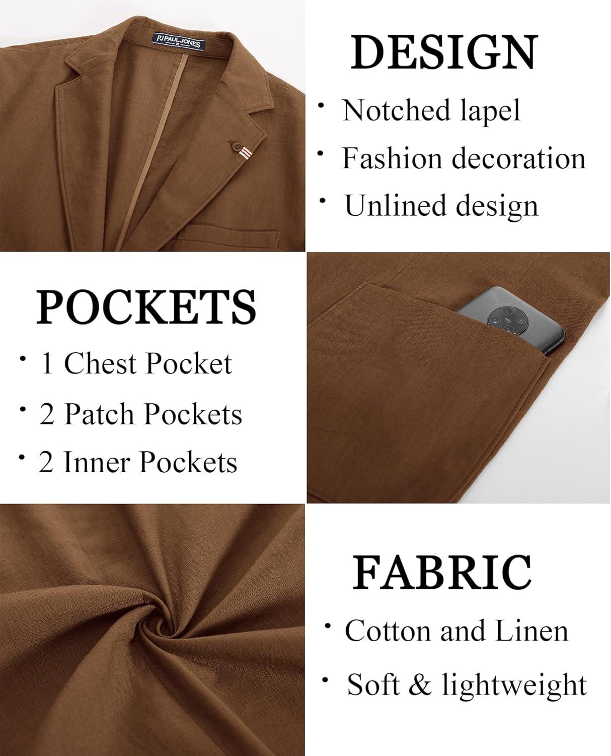 imagePJ PAUL JONES Mens Blazer Casual CottonLinen Sport Coat Lightweight 2 Button Unlined Suit JacketsBrown
