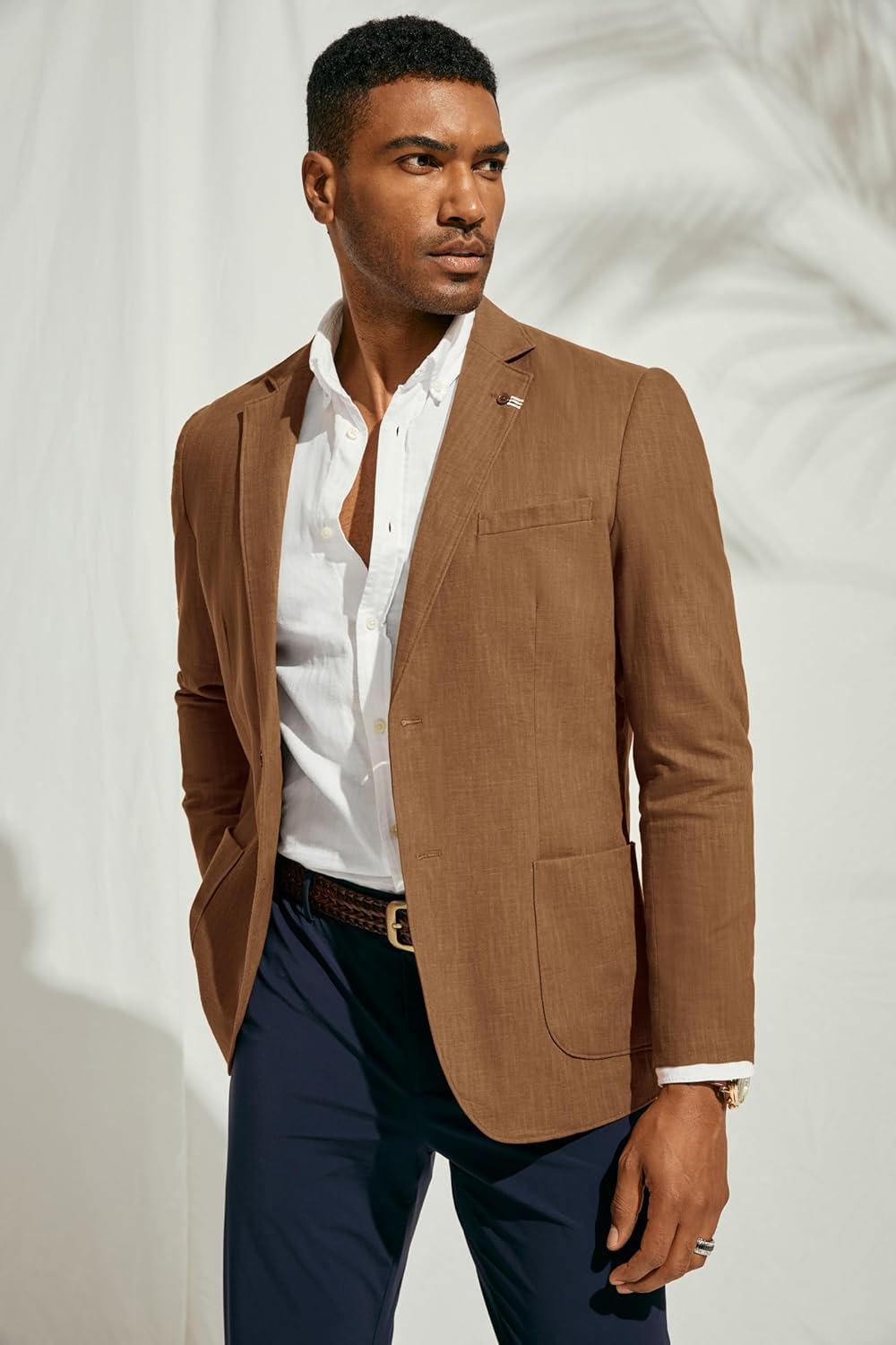 imagePJ PAUL JONES Mens Blazer Casual CottonLinen Sport Coat Lightweight 2 Button Unlined Suit JacketsBrown