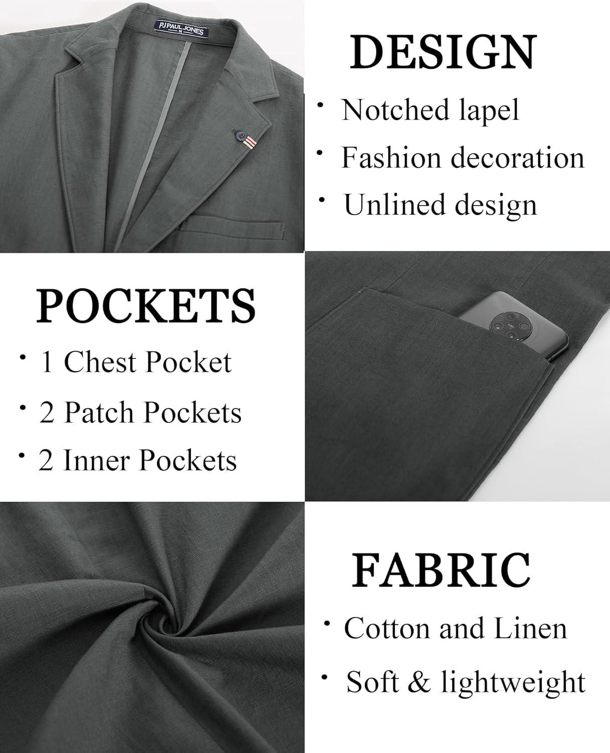 imagePJ PAUL JONES Mens Blazer Casual CottonLinen Sport Coat Lightweight 2 Button Unlined Suit JacketsDark Gray