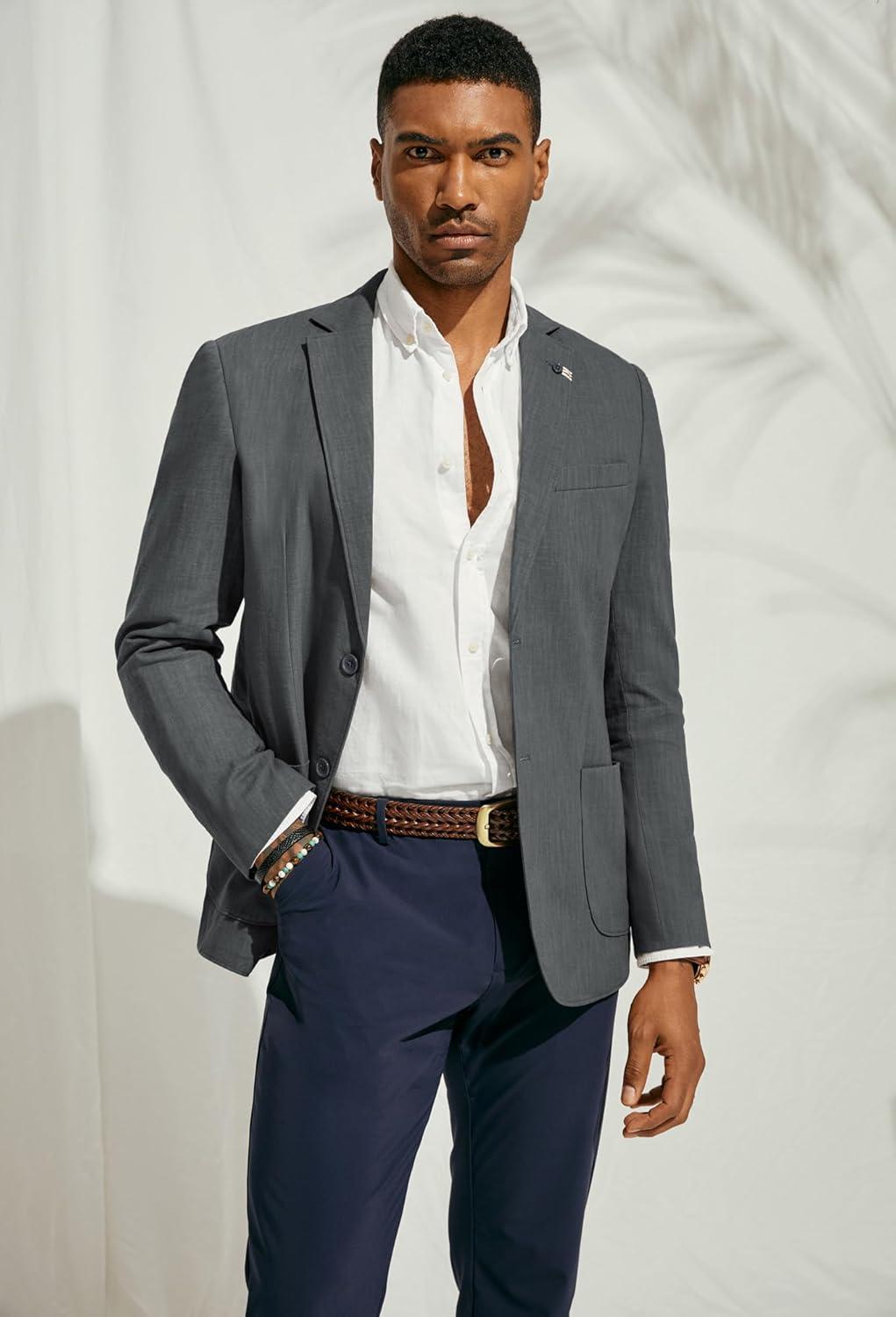 imagePJ PAUL JONES Mens Blazer Casual CottonLinen Sport Coat Lightweight 2 Button Unlined Suit JacketsDark Gray