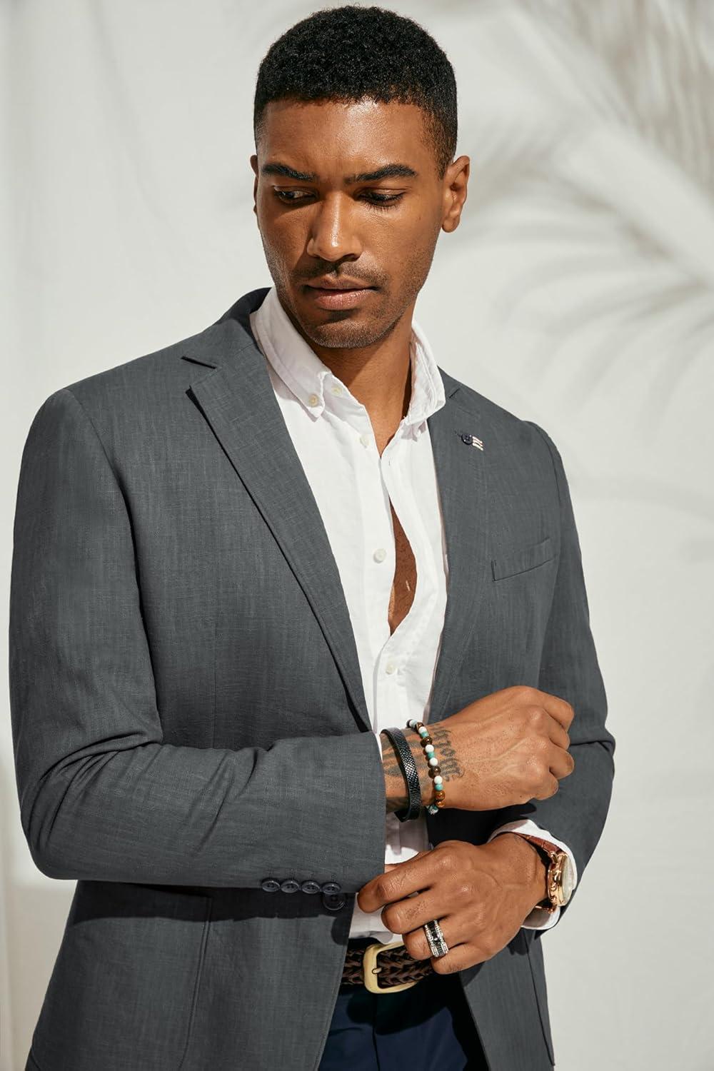 imagePJ PAUL JONES Mens Blazer Casual CottonLinen Sport Coat Lightweight 2 Button Unlined Suit JacketsDark Gray