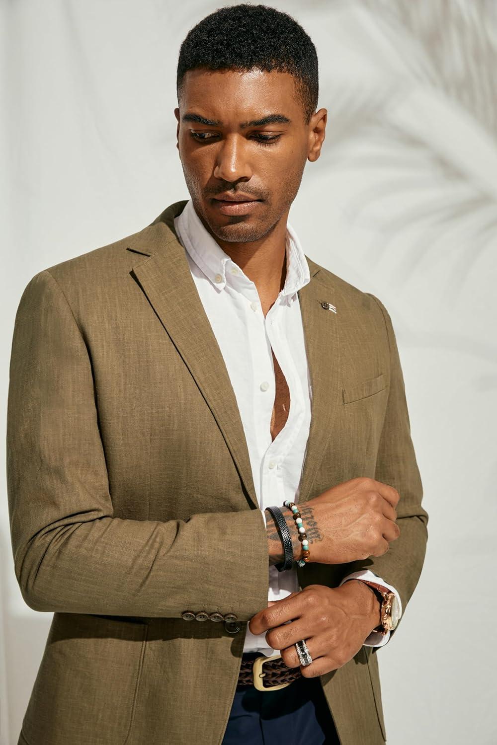 imagePJ PAUL JONES Mens Blazer Casual CottonLinen Sport Coat Lightweight 2 Button Unlined Suit JacketsDark Khaki