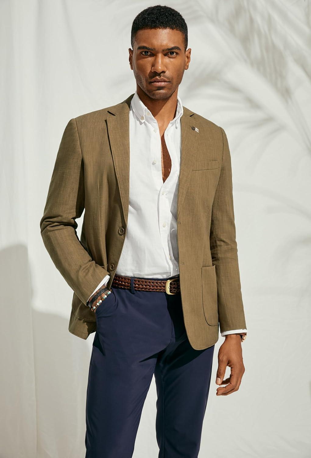 imagePJ PAUL JONES Mens Blazer Casual CottonLinen Sport Coat Lightweight 2 Button Unlined Suit JacketsDark Khaki