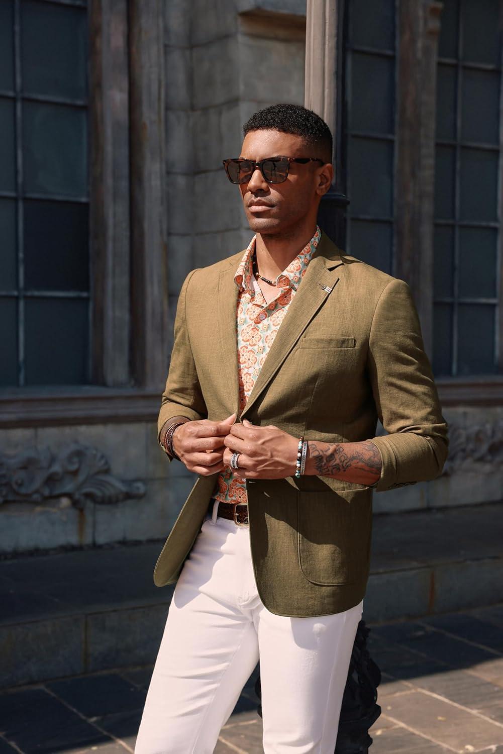 imagePJ PAUL JONES Mens Blazer Casual CottonLinen Sport Coat Lightweight 2 Button Unlined Suit JacketsDark Khaki