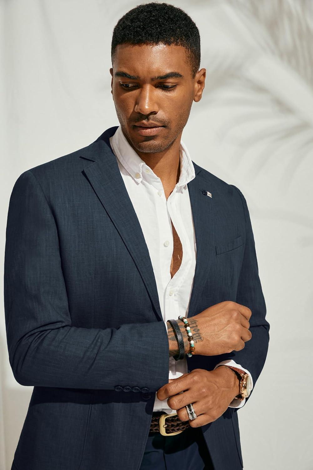 imagePJ PAUL JONES Mens Blazer Casual CottonLinen Sport Coat Lightweight 2 Button Unlined Suit JacketsGrey Blue