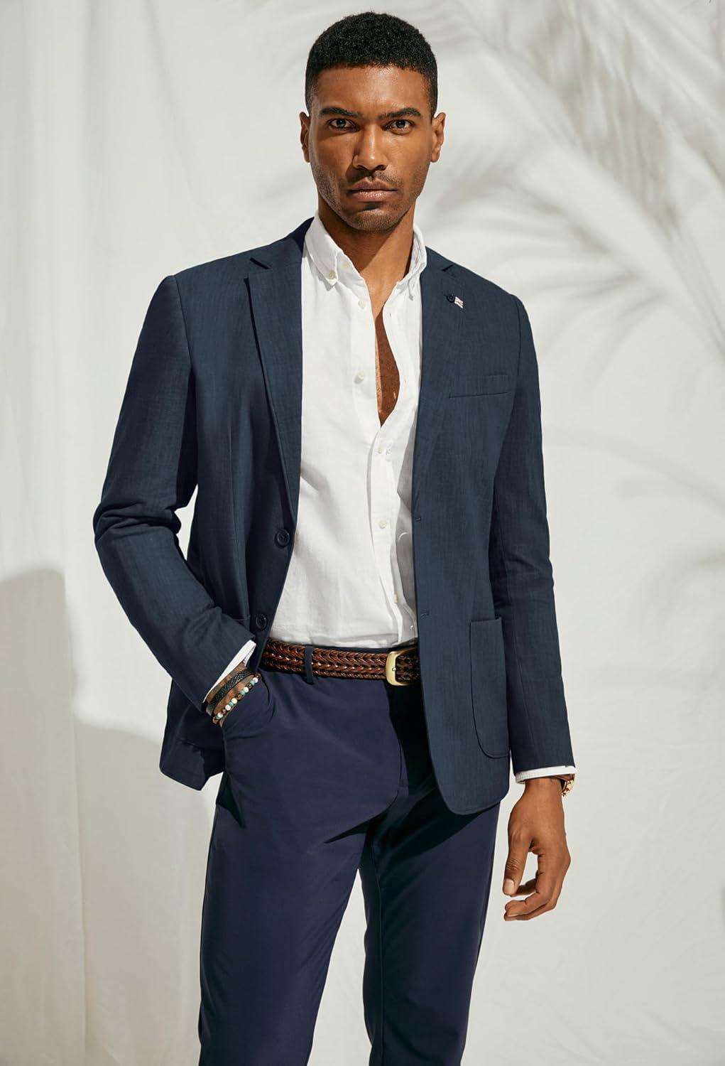 imagePJ PAUL JONES Mens Blazer Casual CottonLinen Sport Coat Lightweight 2 Button Unlined Suit JacketsGrey Blue