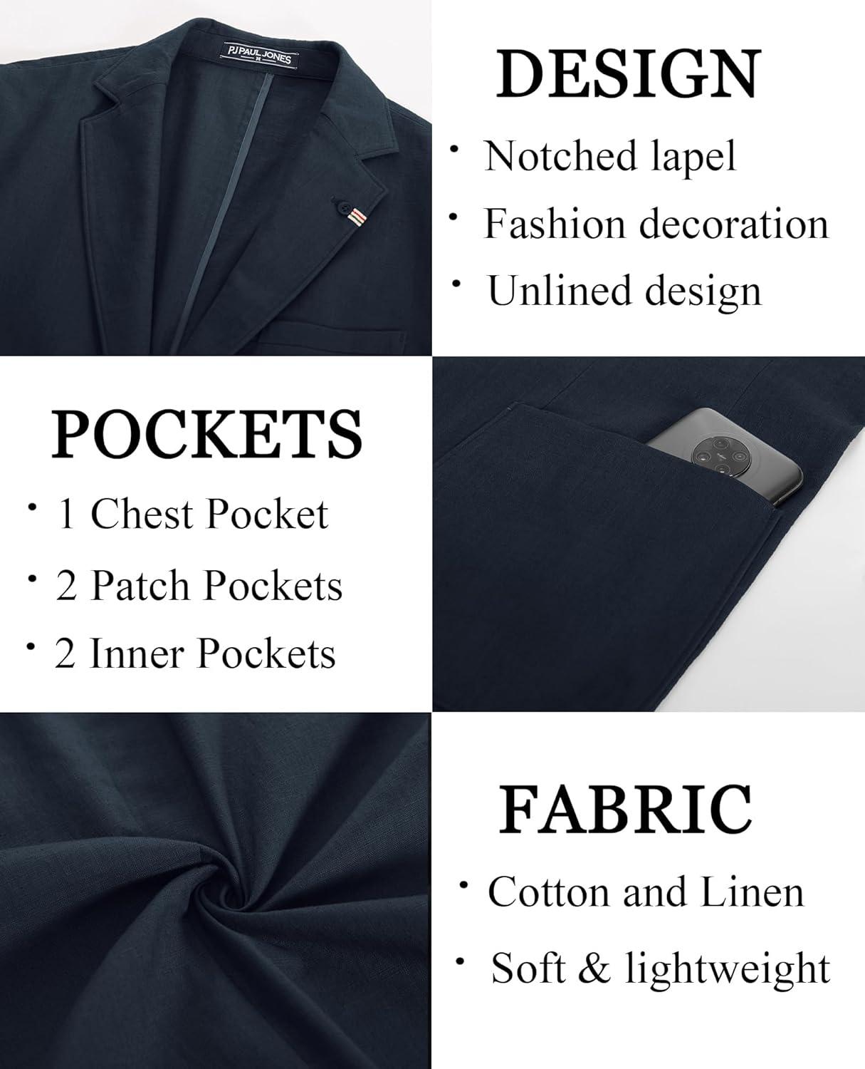 imagePJ PAUL JONES Mens Blazer Casual CottonLinen Sport Coat Lightweight 2 Button Unlined Suit JacketsGrey Blue