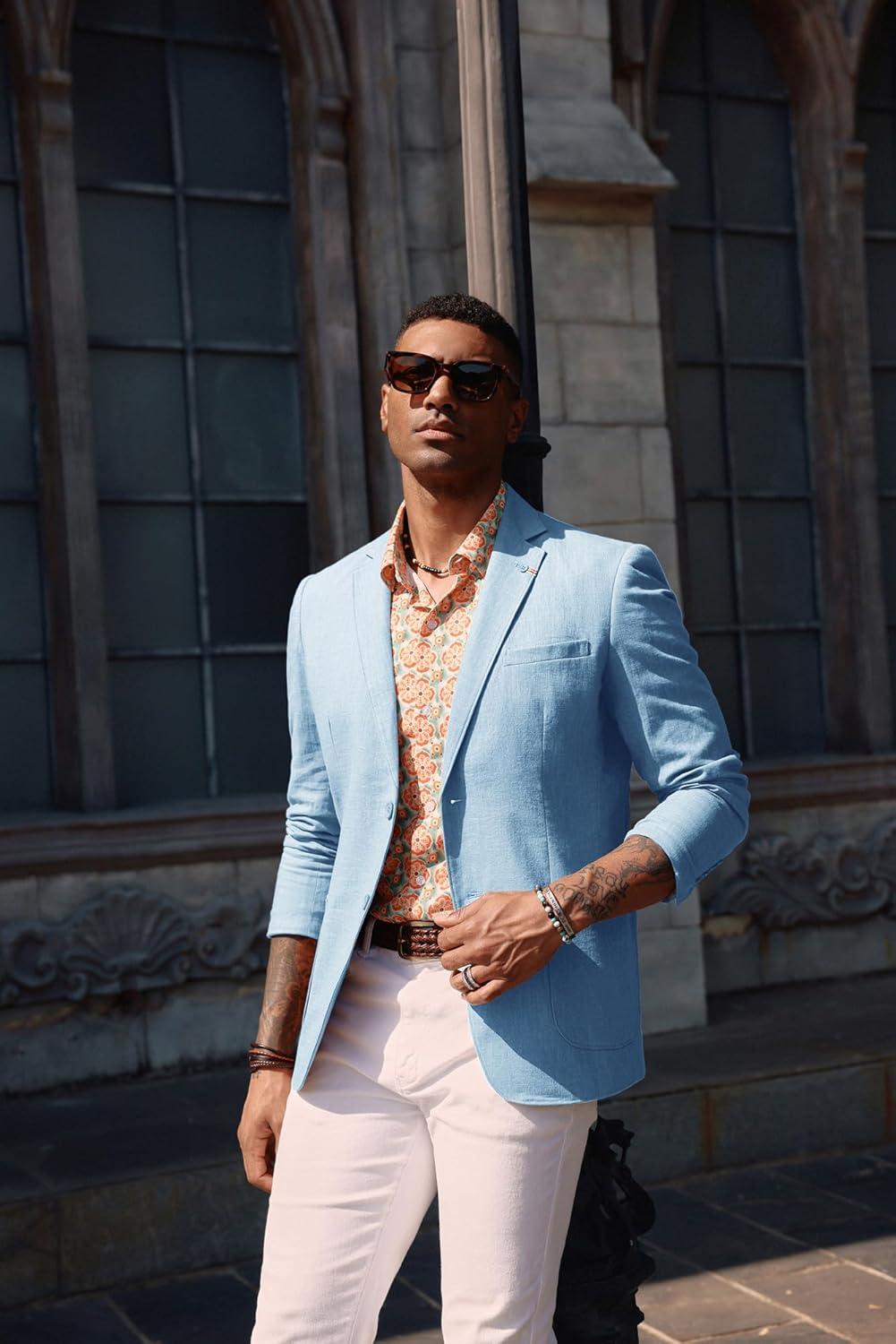 imagePJ PAUL JONES Mens Blazer Casual CottonLinen Sport Coat Lightweight 2 Button Unlined Suit JacketsLight Blue