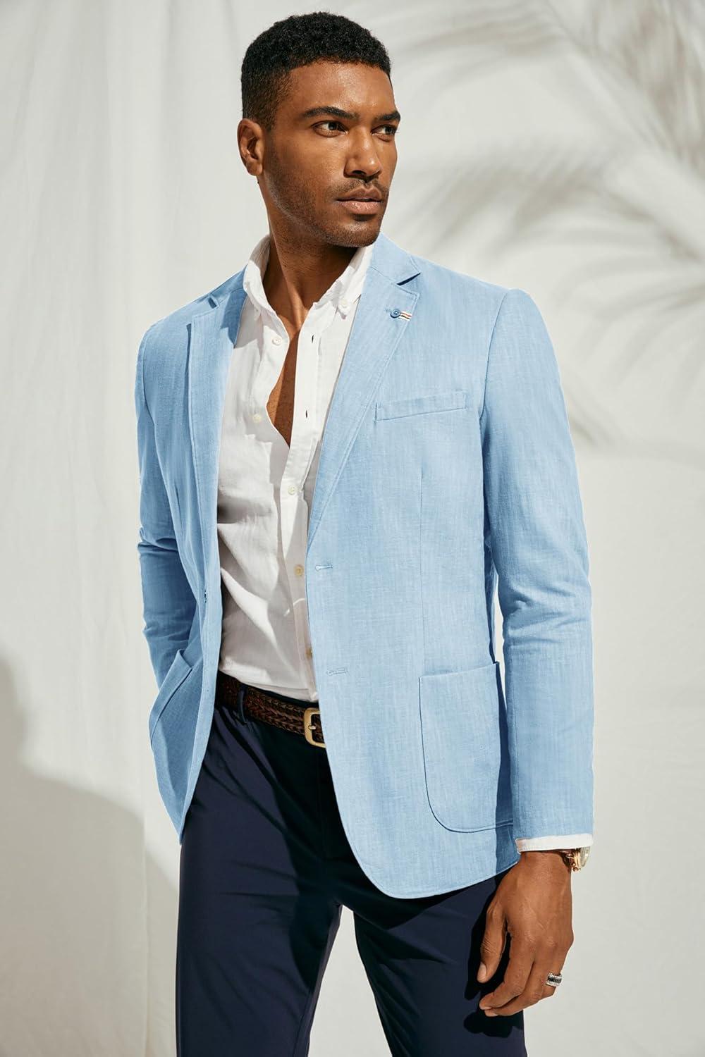 imagePJ PAUL JONES Mens Blazer Casual CottonLinen Sport Coat Lightweight 2 Button Unlined Suit JacketsLight Blue