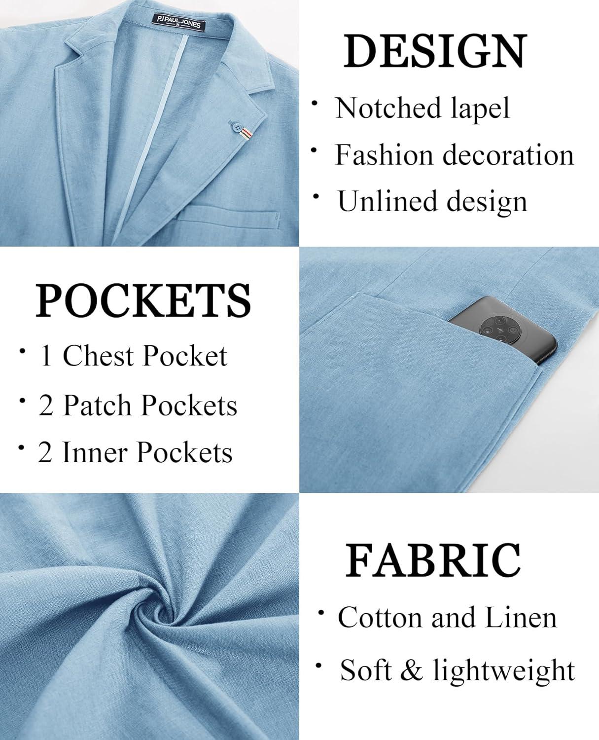 imagePJ PAUL JONES Mens Blazer Casual CottonLinen Sport Coat Lightweight 2 Button Unlined Suit JacketsLight Blue