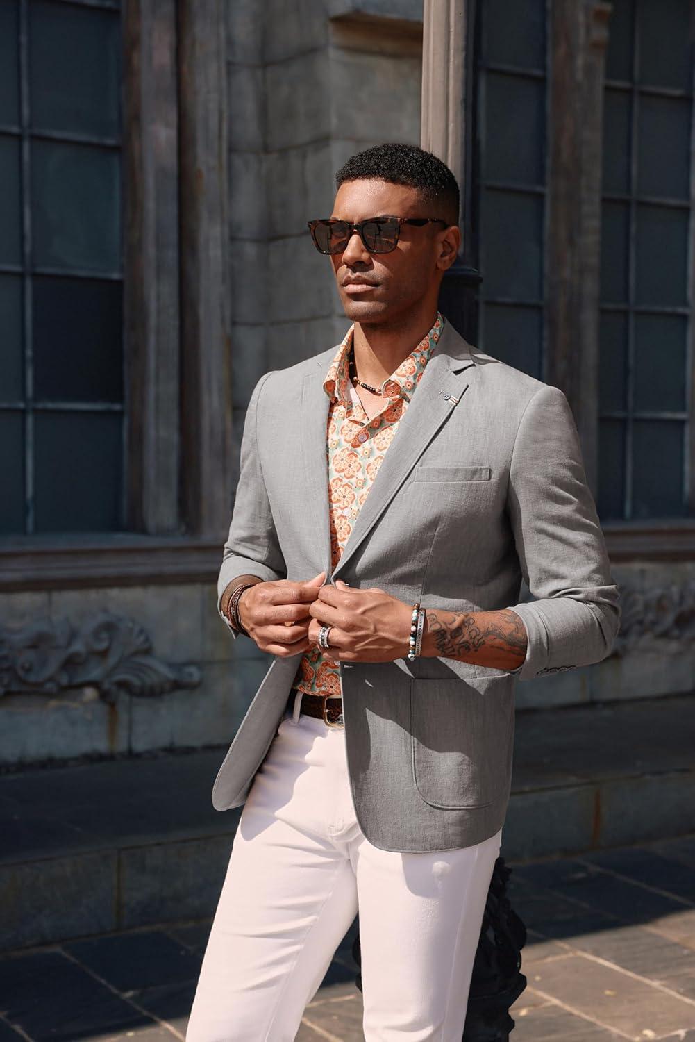 imagePJ PAUL JONES Mens Blazer Casual CottonLinen Sport Coat Lightweight 2 Button Unlined Suit JacketsLight Grey