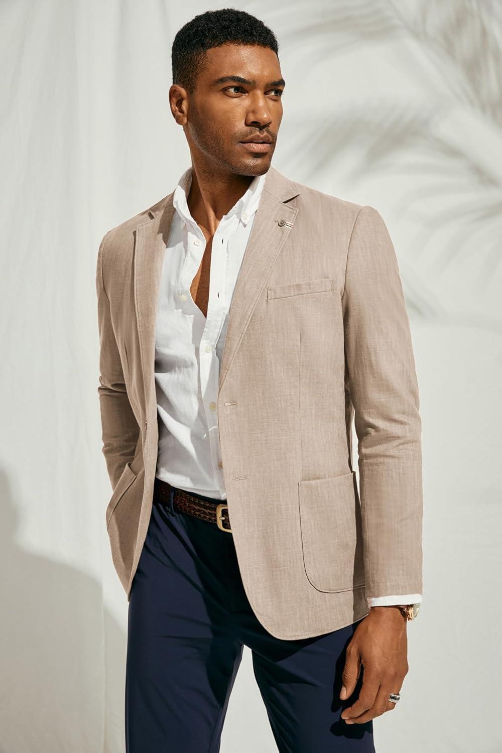 imagePJ PAUL JONES Mens Blazer Casual CottonLinen Sport Coat Lightweight 2 Button Unlined Suit JacketsLight Khaki