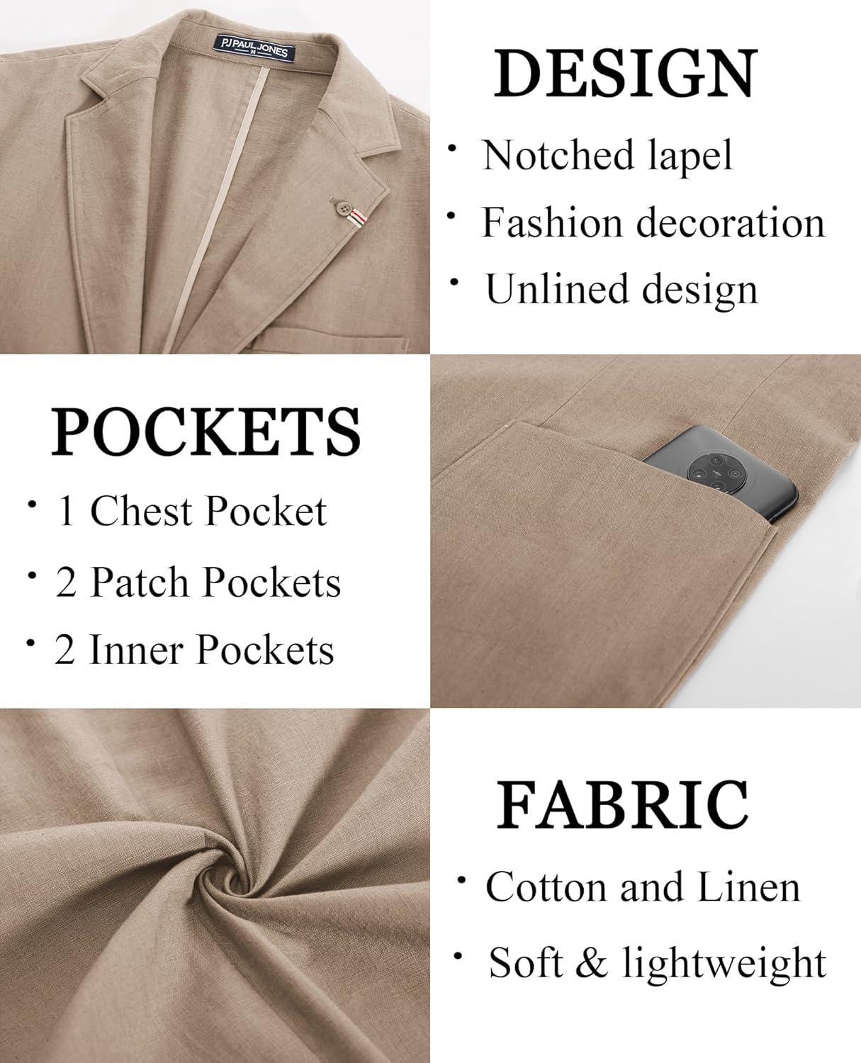 imagePJ PAUL JONES Mens Blazer Casual CottonLinen Sport Coat Lightweight 2 Button Unlined Suit JacketsLight Khaki