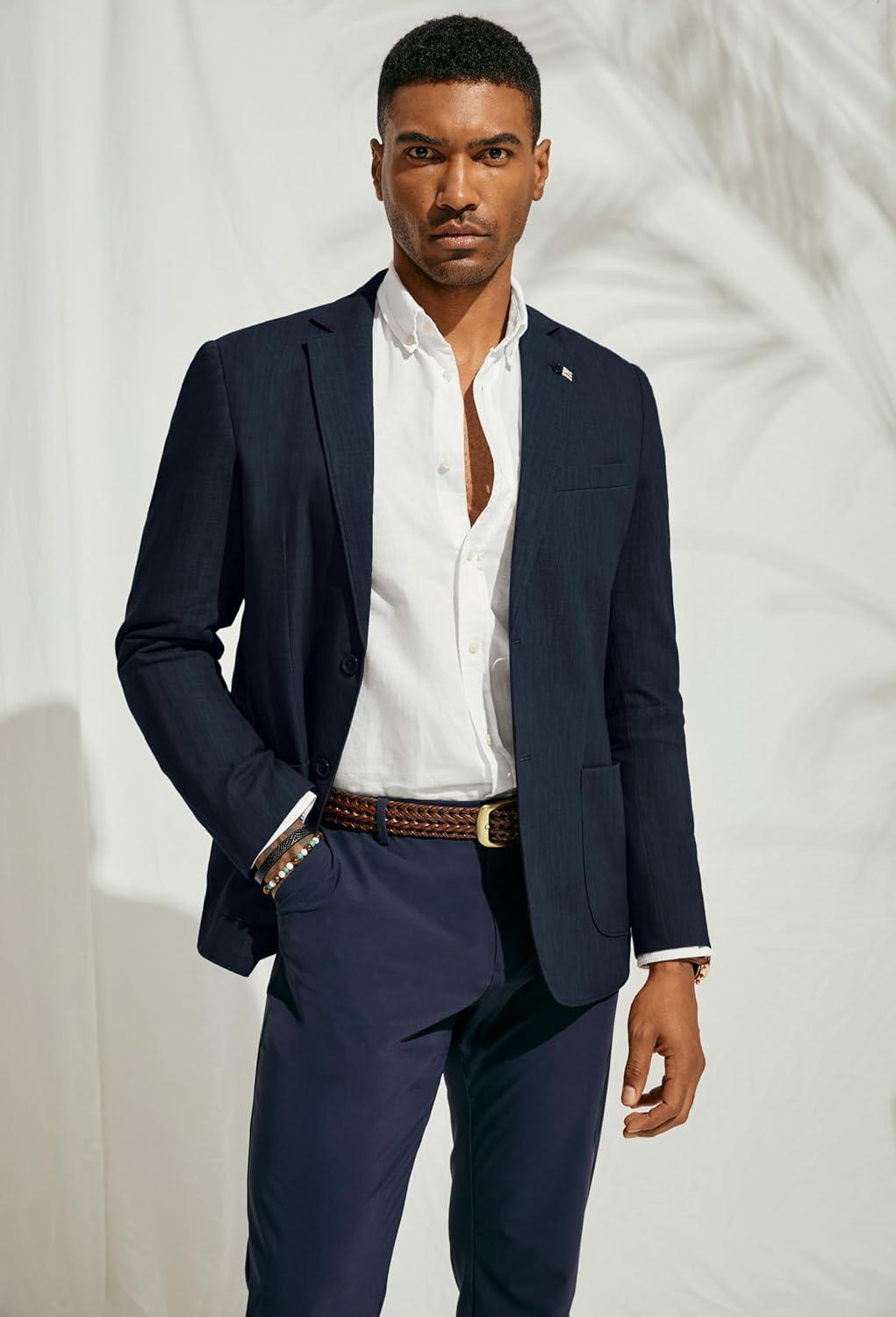 imagePJ PAUL JONES Mens Blazer Casual CottonLinen Sport Coat Lightweight 2 Button Unlined Suit JacketsNavy Blue